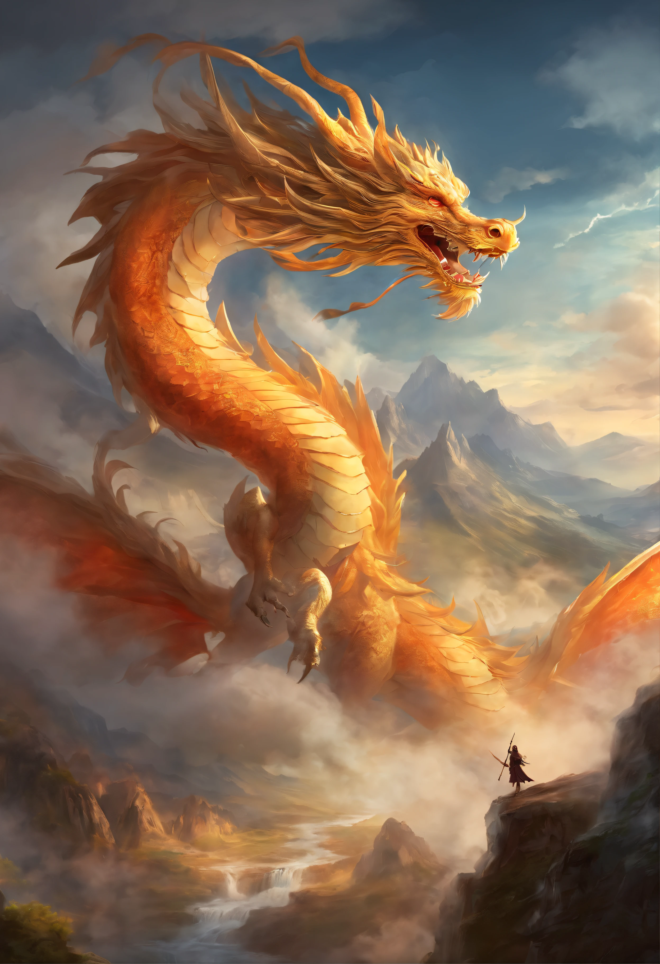 A painting of a Dragon chinois circling between mountains，Avec des dragons comme arrière-plan principal，Il y a des nuages，Il y a des montagnes，Voler dans le ciel（Dragon chinois：1.5），art fantastique très détaillé，hyperréaliste d & d art fantastique，héros, Gagnant du concours ArtStation，--pas d&#39;ailes，