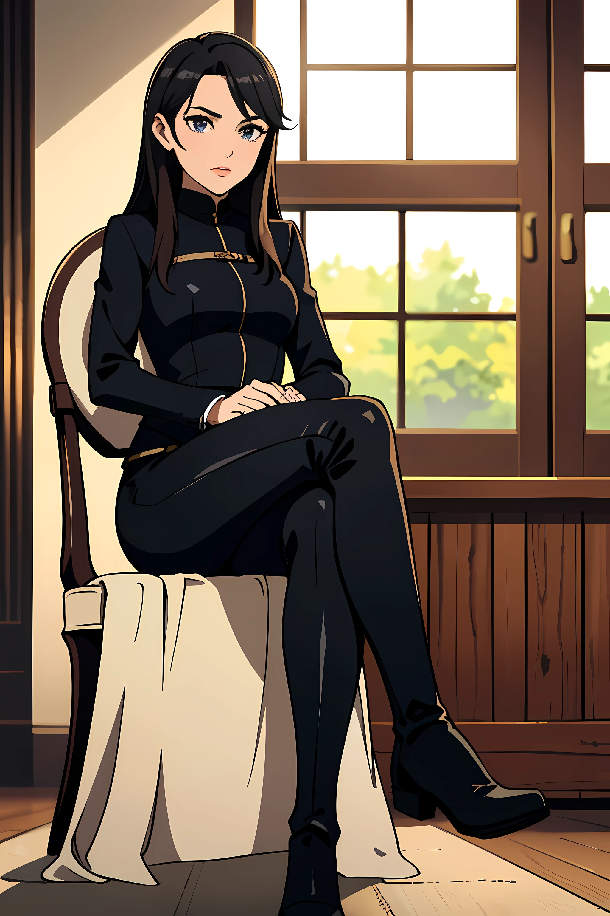 ((highest quality)), ((masterpiece)), (get used to it), perfect face,british style riding clothes、british equestrian,shiny black riding boots、Sitting on a chair with legs crossed