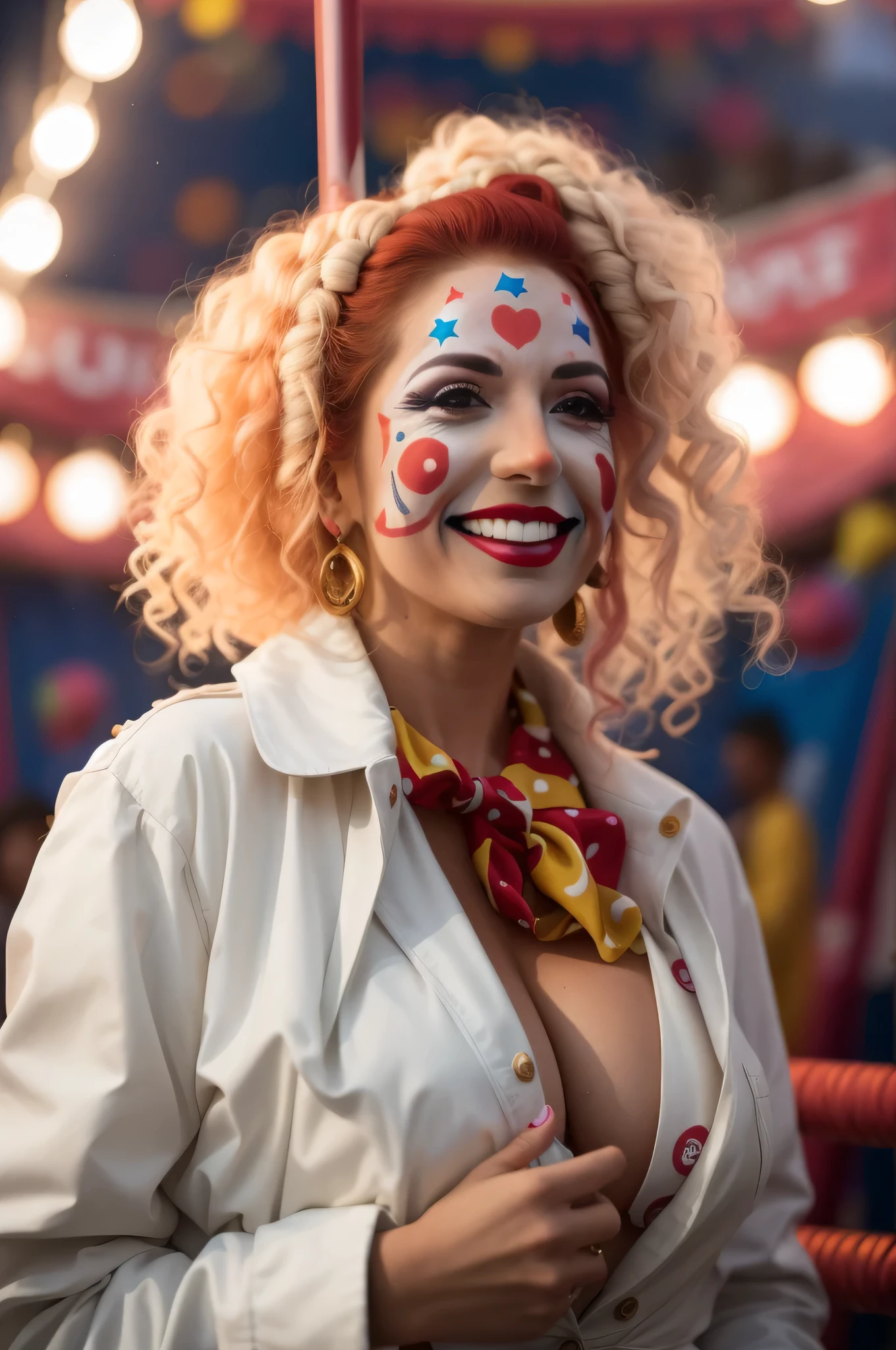 araffe clown with face paint and a scarf around her neck, portrait of circus artist, clown girl, wearing accurate clown makeup, wearing clown makeup, color ( sony a 7 r iv, cutecore clowncore, color portrait, clown makeup, murderous carnival freak, circus, wearing bizarre clown makeup, 7 0 mm portrait, 50mm portrait