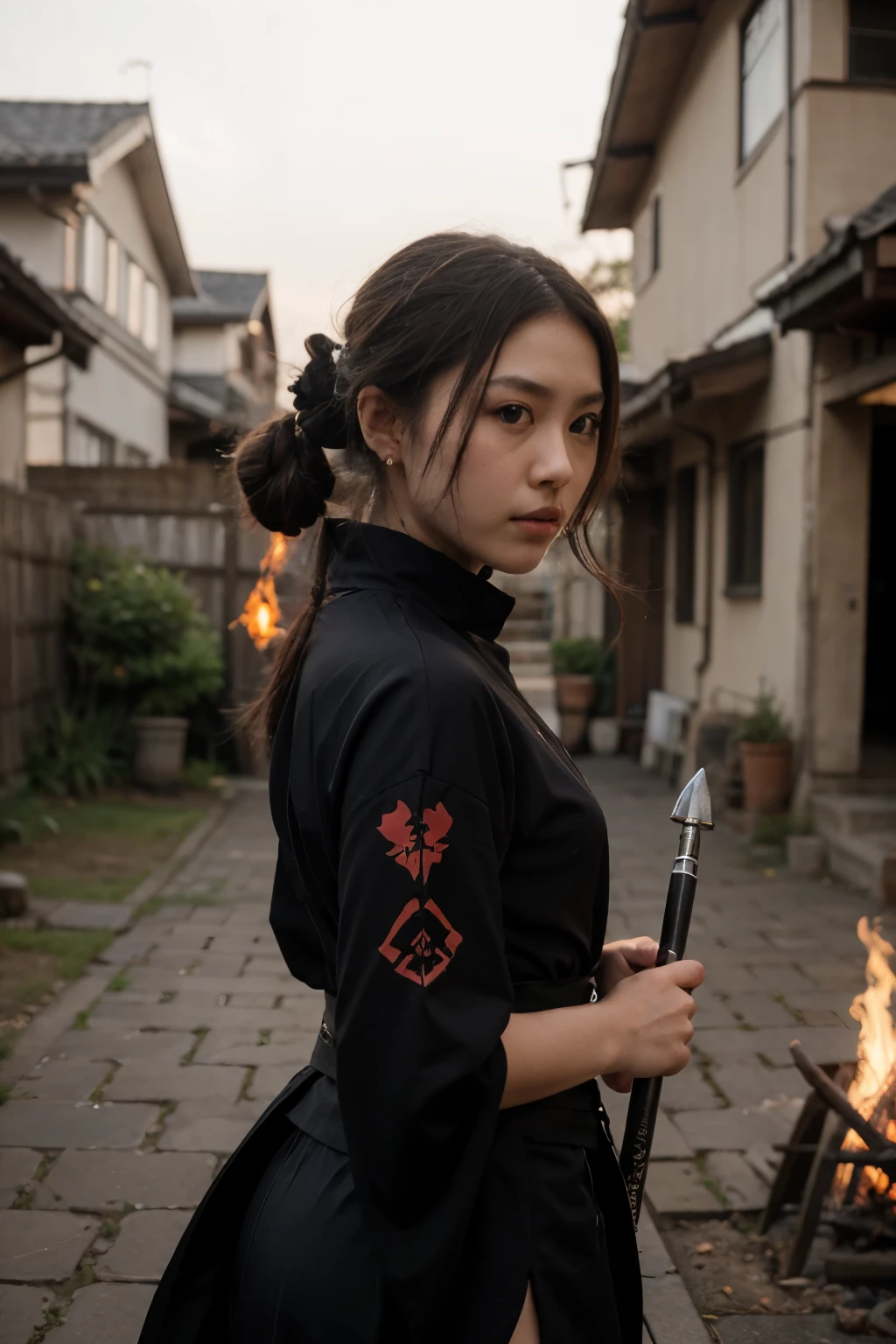 landscape view Realistic photo, beautiful Japanese girl, wearing (black ninja cloth) with long hair tied (bun), red laser pattern, graceful and calm expression, holding a long spear, looking forward, behind her appears a fire dragon forming the words "EFK 3" ,