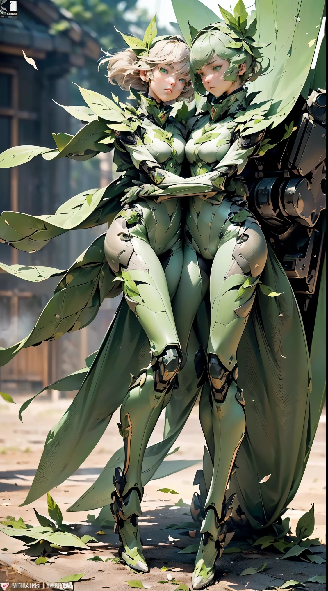 (on the table,Very detailed, Heavy mech, hard surface),(concept art:1.1),(Armored Core Style:0.8), A woman wearing ninja armor stands,(Light green body:1.1),(long legs:1.1),(Equipped with gun:1.1),(delicate eyes:1.3),(a delicate face:1.3),(Detailed weapons:1.3),(detailed body:1.3),((Full body female love:1.5)),(In the background, Leaves blown away by the wind.:1.5),mix