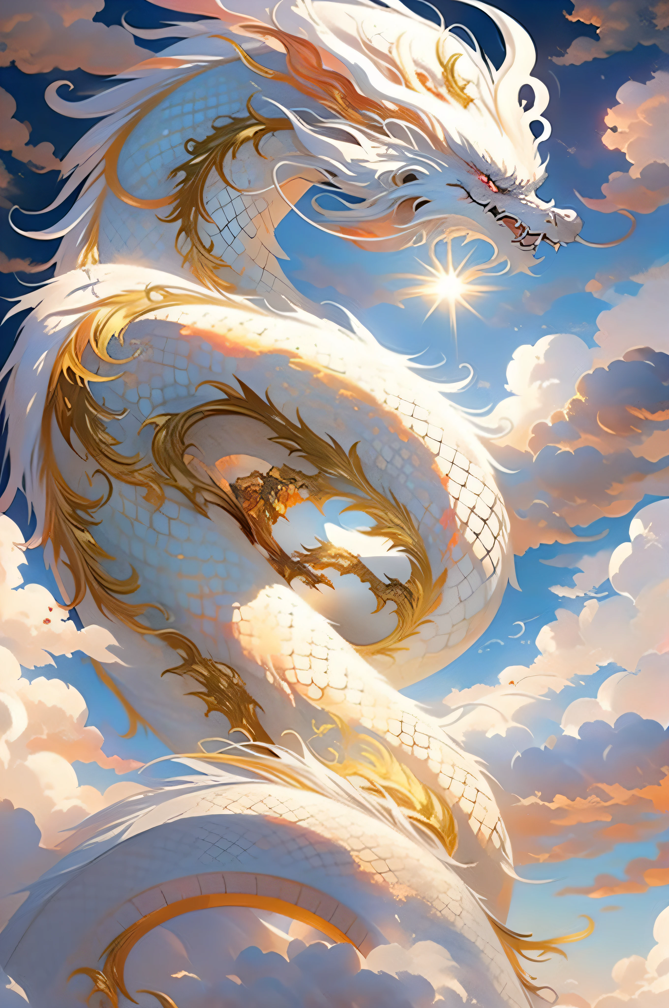 Un dragon blanc,sur les nuages,Fire and sun in the background