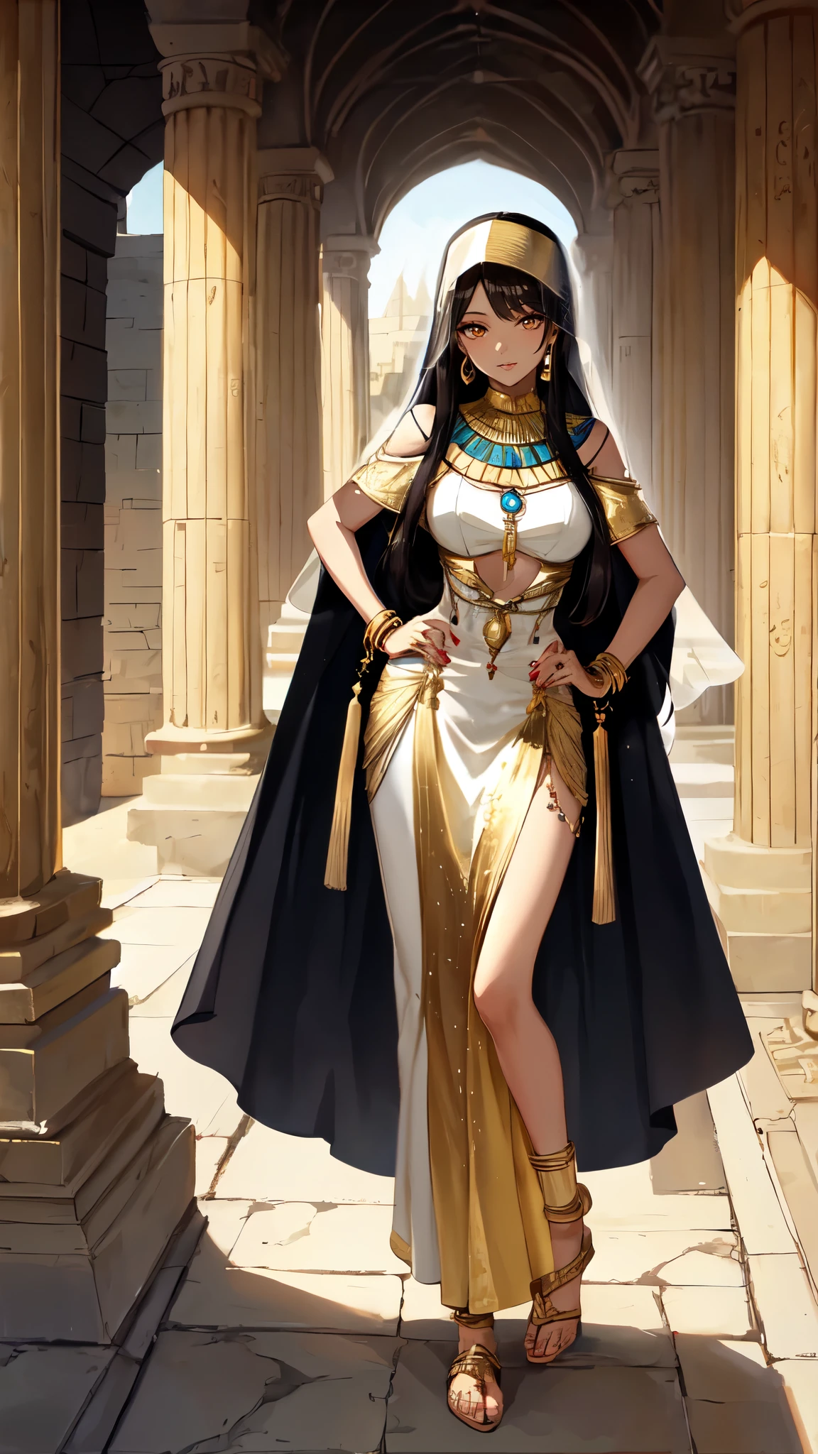 (brown skin)long black hair,Standing close-up,civilization,Mature beauty,wheat colored skin,Qi bangs,golden eyes,(eye shadow,makeup feel),Ancient Egyptcivilization,(The Nile,Epic feeling：2.0),A wide range of jewelry,(Style white long skirt,priestess dress,veil：2.0),necklace,her wheat-colored skin,Exotic,barefoot,Gemstone anklets,Detailedly drawn backgrounds