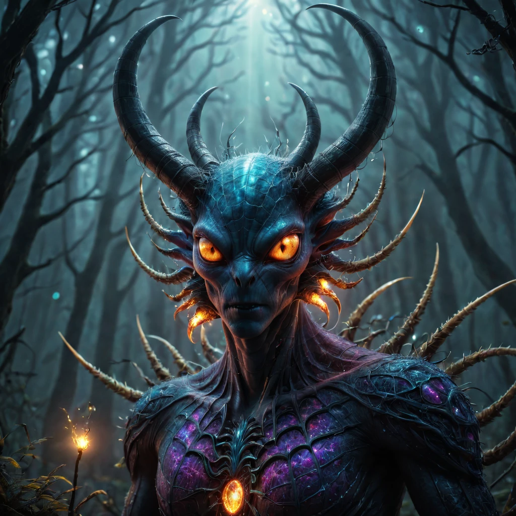 Mystic Monster Fantastic and mysterious. alien. terrifying, nightmarish, fractal coloured scales, Several different horns made of multi-coloured crystal. Eyes burning with fractal fire. Ears covered in fibre optic wool. Claws are diamonds. Background mysterious forest full of spider webs and lights . surrealism blended with hyperrealism, highly detailed, Golden Ratio. UHD drawing, artstation, cinematic, perfect composition, 32k, art photography, photorealistic concept art, Dramatic light. Genius. perfect composition,half profile, beautifully detailed, insanely detailed octane render trending