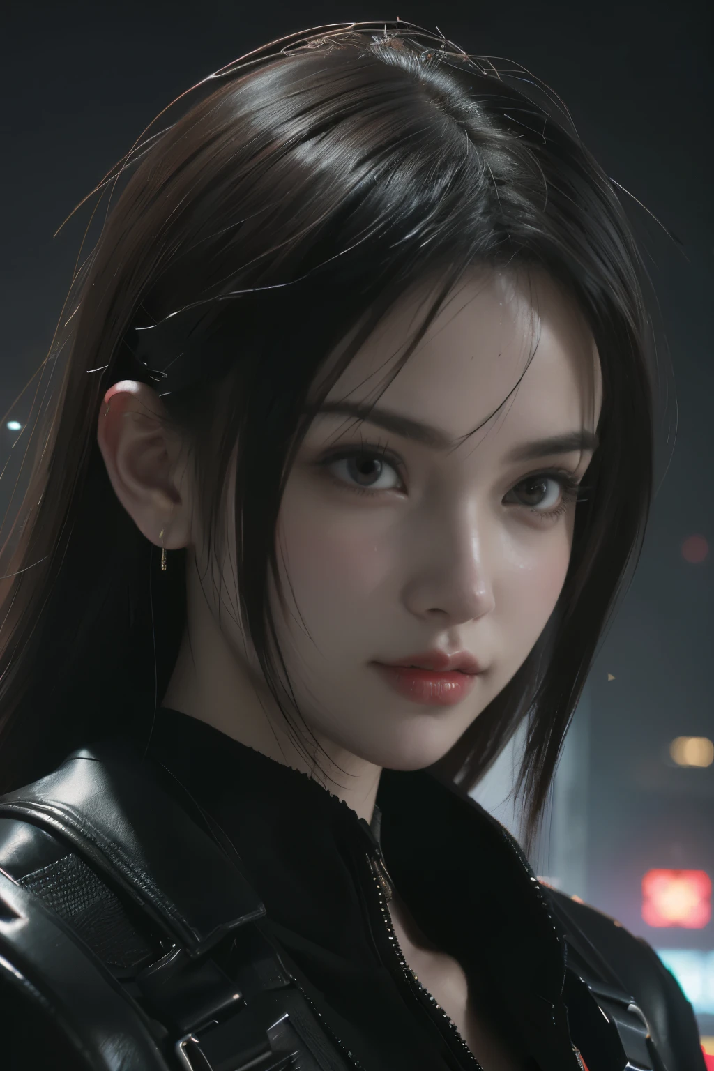 Game art，The best picture quality，Highest resolution，8K，(A bust photograph)，(Portrait)，(Head close-up:1.5)，(Rule of thirds)，Unreal Engine 5 rendering works， (The Girl of the Future)，(Female Warrior)， 22岁少女，(Female hackers)，(White and red gradient，Ancient Oriental hairstyle)，((The pupils of the red eyes:1.3))，(A beautiful eye full of detail)，(Big breasts)，(Eye shadow)，优雅迷人，冷漠，((Anger))，(Cyberpunk jacket full of futuristic look，Joint Armor，There are exquisite Chinese patterns on the clothes，A flash of jewellery)，赛博朋克人物，未来风格， 拍照姿势，城市背景，Movie lights，Ray tracing，Game CG，((3D Unreal Engine))，oc渲染反射纹