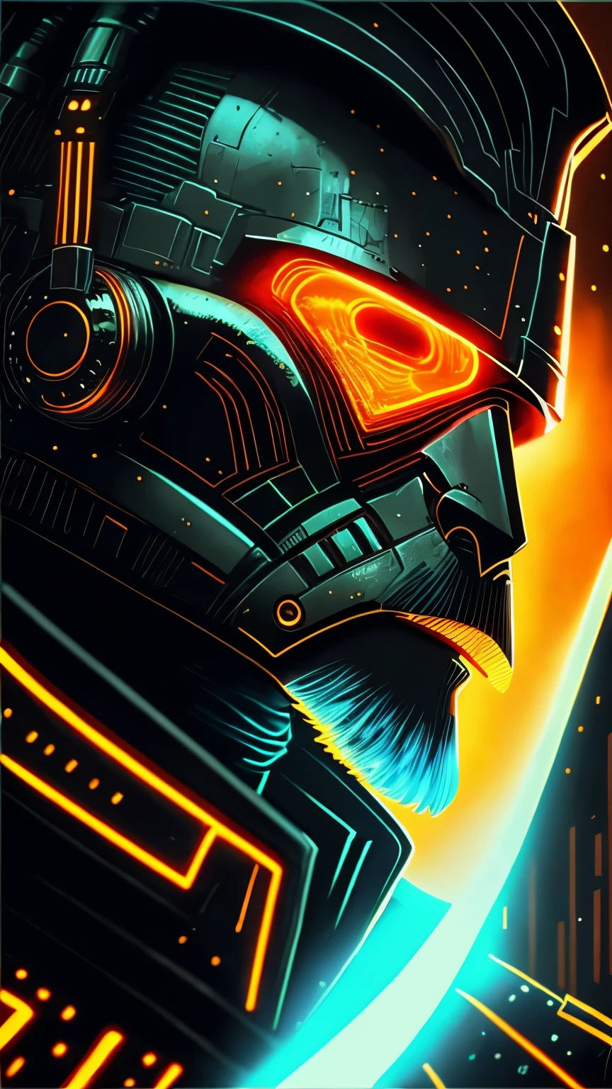 Grim ultra-detailed portrait of General Griveous from Star Wars, extremadamente detallado, paisaje urbano futurista, bright neon lights, fumar, chispas, virutas de metal, escombros voladores, Orange energy effects, volumetric light
