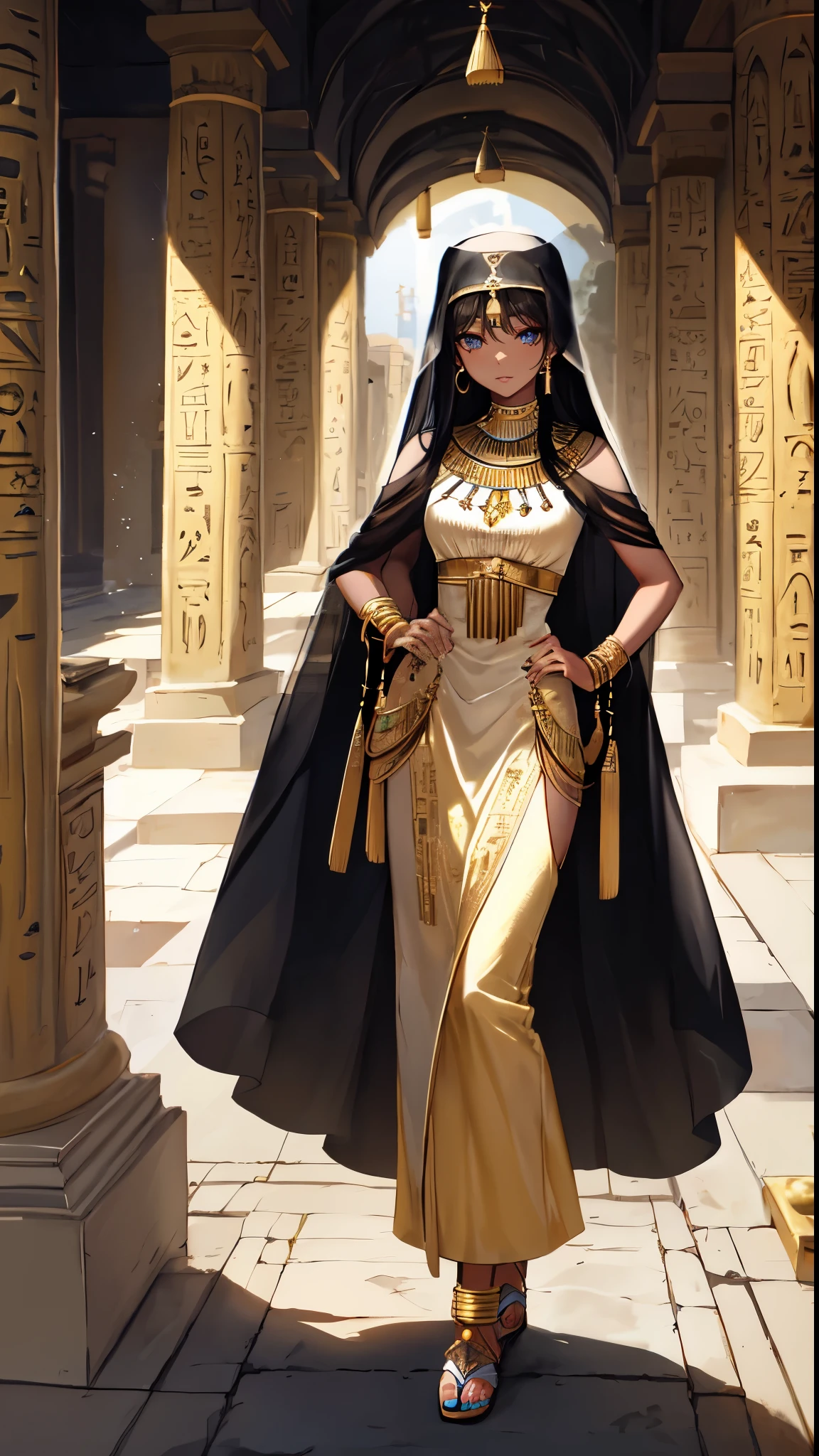 (brown skin)long black hair,Standing close-up,civilization,Mature beauty,narrow little eyes,wheat colored skin,Qi bangs,golden eyes,(eye shadow,makeup feel),Ancient Egyptcivilization,Temple Background,(Amun statue,grand temple,Epic feeling:2.0),A wide range of jewelry,(Style white long skirt,priestess dress,veil:2.0),necklace,her wheat-colored skin,Exotic,barefoot,Gemstone anklets,Detailedly drawn backgrounds
