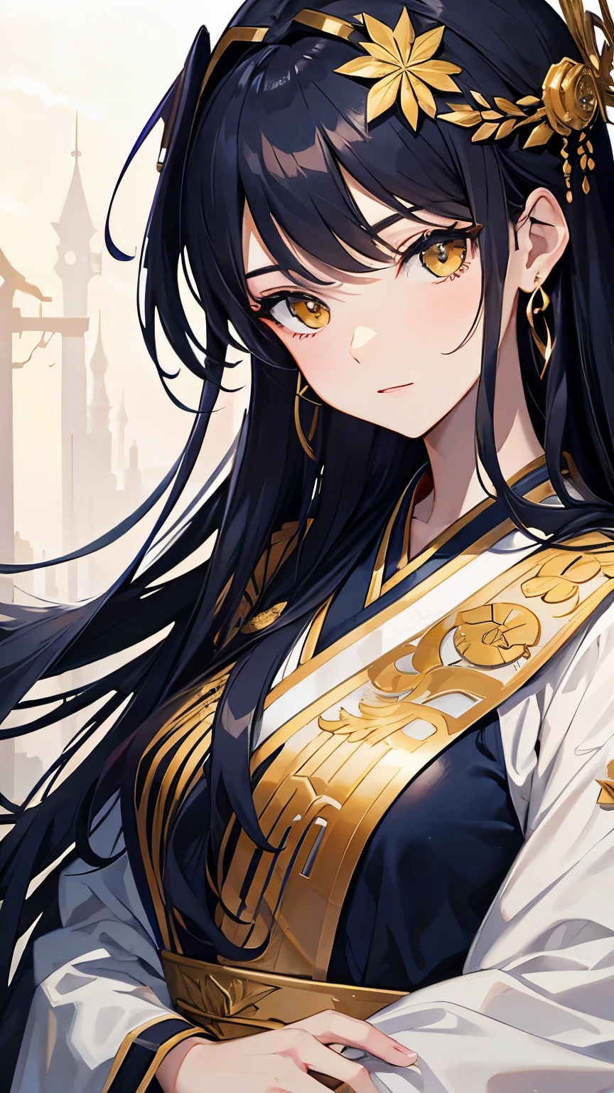 Cover magazine. anime, A woman. long hair. navy hair. Dark blue hair. golden eyes. Yellow eye. Half Body potrait. Upper body. elegan. Hanfu. Adult. Mature woman. Women. Murim. Hair accessories. Lady