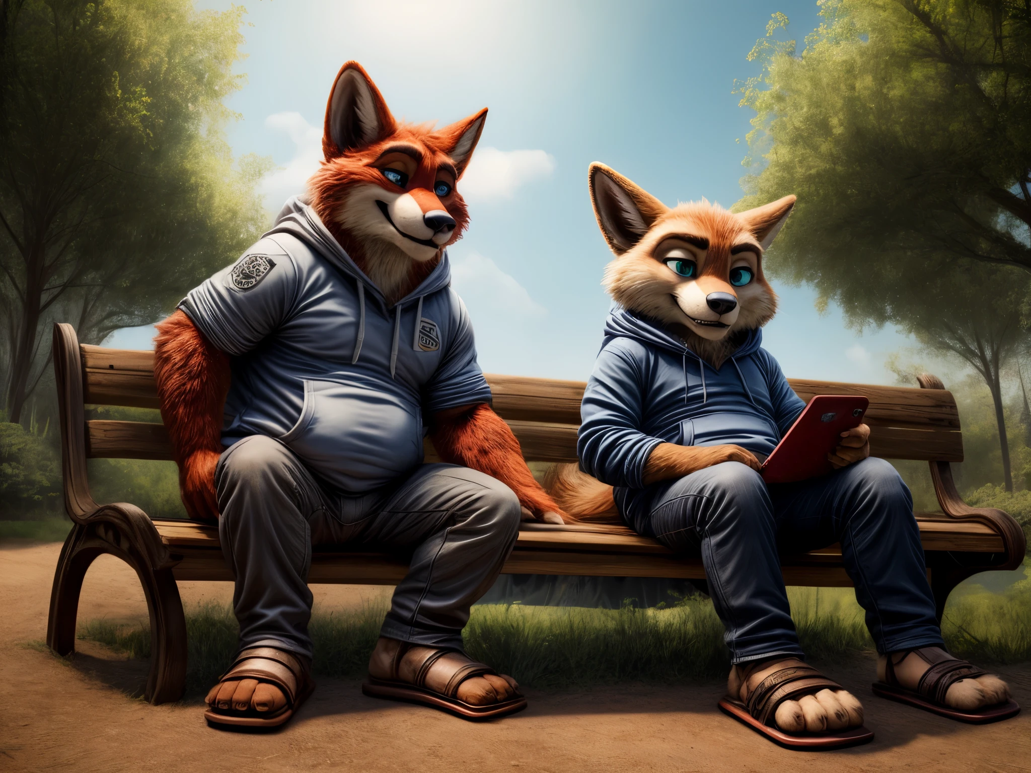 Digital furry portrait, vivid colours, full body picture, full figure image, masterpiece, best quality, high resolution, brawny barefoot hypnotised Gideon Grey (Zootopia, cute, beefy, chubby, male fox, red fur, longer fur on cheeks, side part hair style, short snout) in casual teens clothes (hoodie, long pants), wearing sandals, wearing flip-flops, wearing slides, sitting on park bench, detailed nice feet with short claws, watching video on smartphone, red hypnotic glow in his eyes, smiling, drooling, Earplug Headphones. detailed background (park), anatomically correct, 8k, (wide dynamic range, dynamic angles and pose:1.2), sharp image, focused image, photorealistic, (DOA):1.23, (Particle),（author：by Jackaloo）