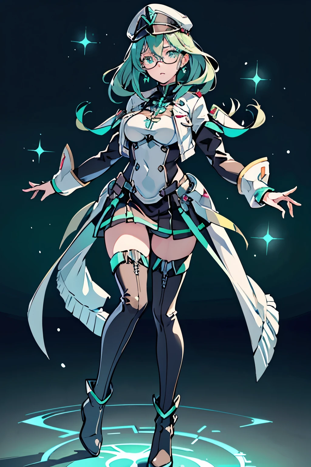 Anime, Girl, (((1girl))), (((Waifu, Xenoblade Chronicles 2, Pneuma Waifu))), (((Seafoam Green Hair, Long Hair))), ((Seafoam Green Eyes eyes:1.3, Upturned Eyes: 1, Perfect Eyes, Beautiful Detailed Eyes, Gradient eyes: 1, Finely Detailed Beautiful Eyes: 1, Symmetrical Eyes: 1, Big Highlight On Eyes: 1.2)), (((Lustrous Skin: 1.5, Bright Skin: 1.5, Skin Fair, Shiny Skin, Very Shiny Skin, Shiny Body, Plastic Glitter Skin, Exaggerated Shiny Skin, Illuminated Skin))), (Detailed Body, (Detailed Face)), Young, Idol Pose, (Best Quality), ((((Techwear))), (((Military Uniform))), (((Military Cap))), (((Military Coat))), (((Thigh-high Heeled Boots))), (((Reading Glasses))), (((Earrings)))) High Resolution, Sharp Focus, Ultra Detailed, Extremely Detailed, Extremely High Quality Artwork, (Realistic, Photorealistic: 1.37), 8k_Wallpaper, (Extremely Detailed CG 8k), (Very Fine 8K CG), ((Hyper Super Ultra Detailed Perfect Piece)), (((Flawlessmasterpiece))), Illustration, Vibrant Colors, (Intricate), High Contrast, Selective Lighting, Double Exposure, HDR (High Dynamic Range), Post-processing, Background Blur