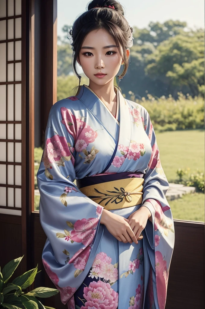 Realistic photo, beautiful Asian (woman) wearing a (kimono) dress with long hair tied in a (bun), silk fabric, floral pattern, elegant, serene expression.