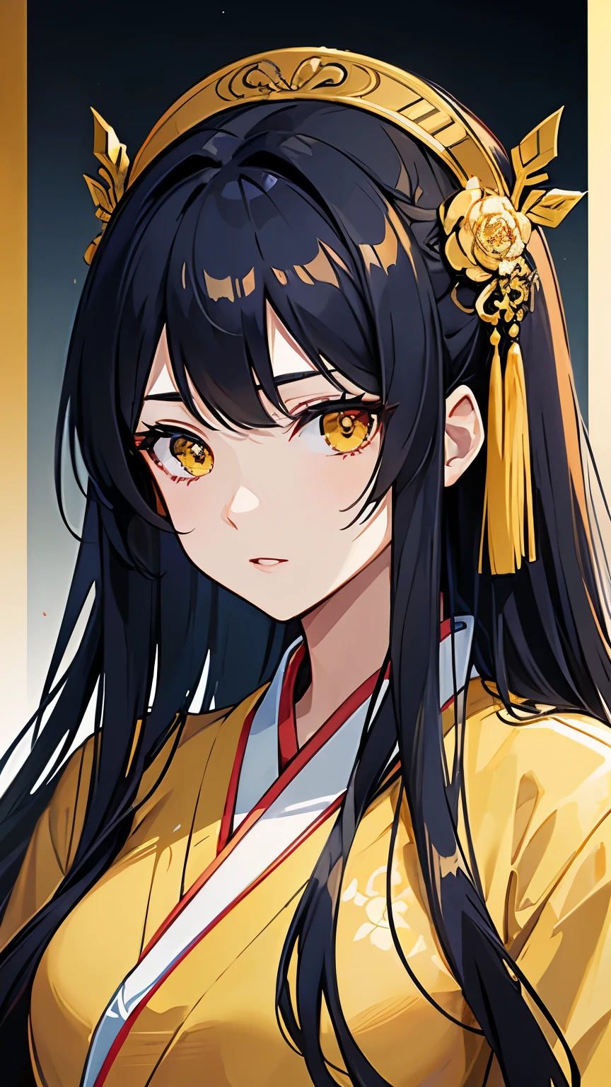 Cover magazine. anime, A woman. long hair. navy hair. Dark blue hair. golden eyes. Yellow eye. Half Body potrait. Upper body. elegan. Hanfu. Adult. Mature woman. Women. Murim. Hair accessories. Lady