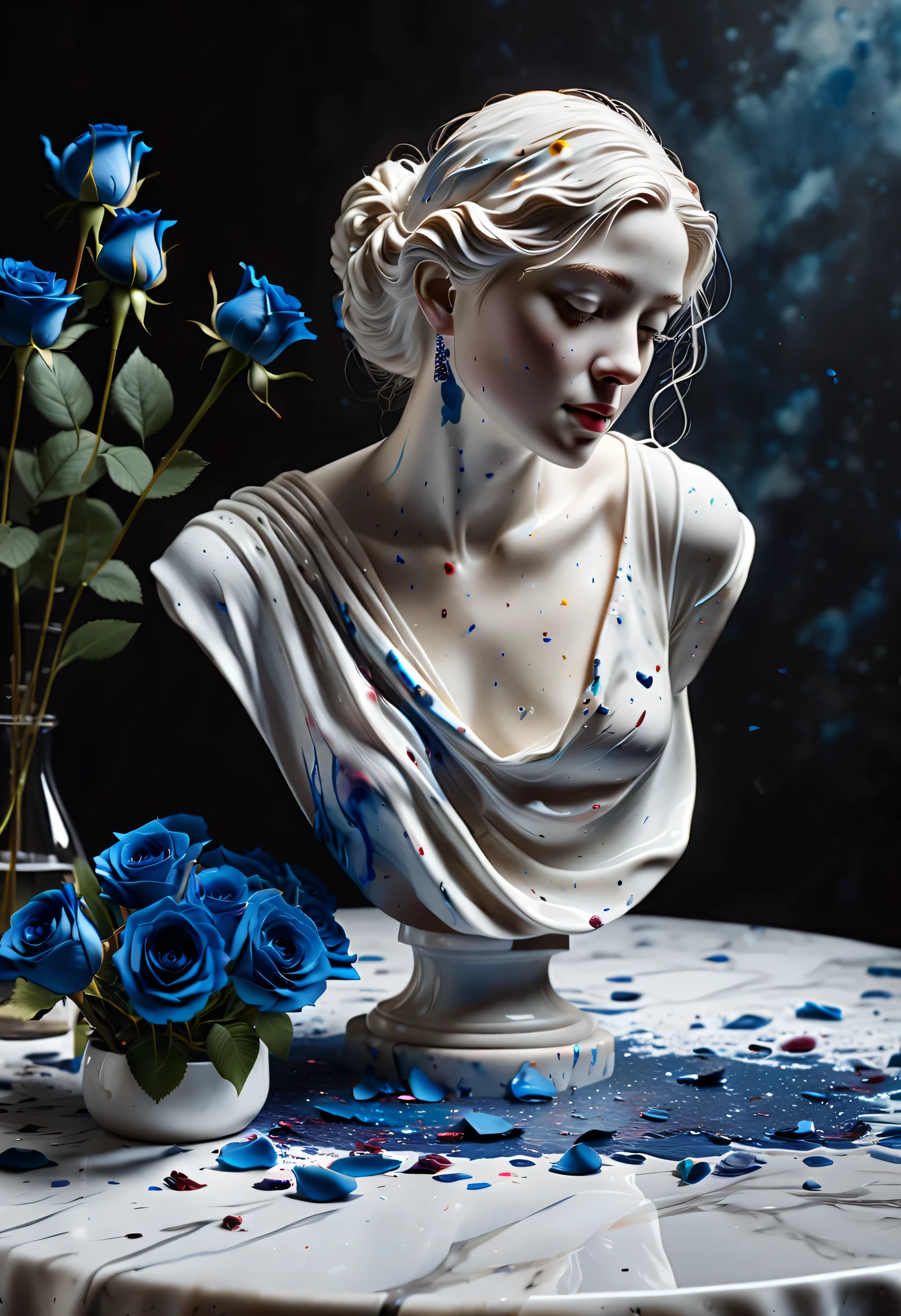 (Best image quality,4K,8 TAUSEND,High Resolution,Meisterwerk:1.2),ultradetailliert,(lebensecht,lebensecht,lebensecht:1.37)。Farbe bespritzt (3D Portrait Sculpture,Pure white sculpture,Marmor-Skulptur),(Stillleben-Tischdekoration,Dunkler Hintergrundstoff,Blue rose petals scattered on the countertop)