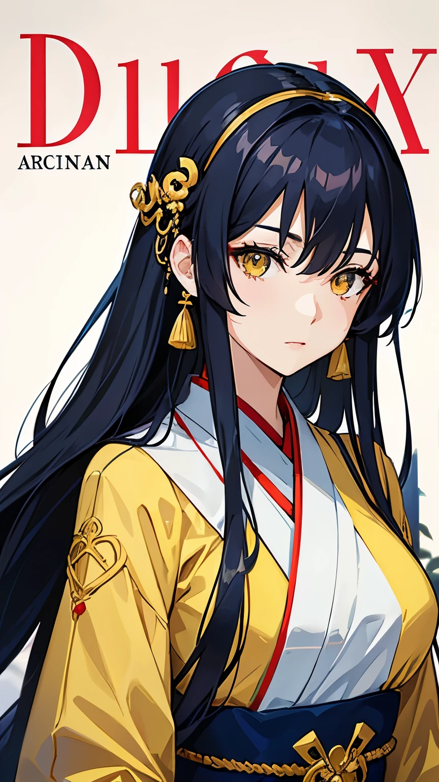 Cover magazine. anime, A woman. long hair. navy hair. Dark blue hair. golden eyes. Yellow eye. Half Body potrait. Upper body. elegan. Hanfu. Adult. Mature woman. Women. Murim. Hair accessories. Lady