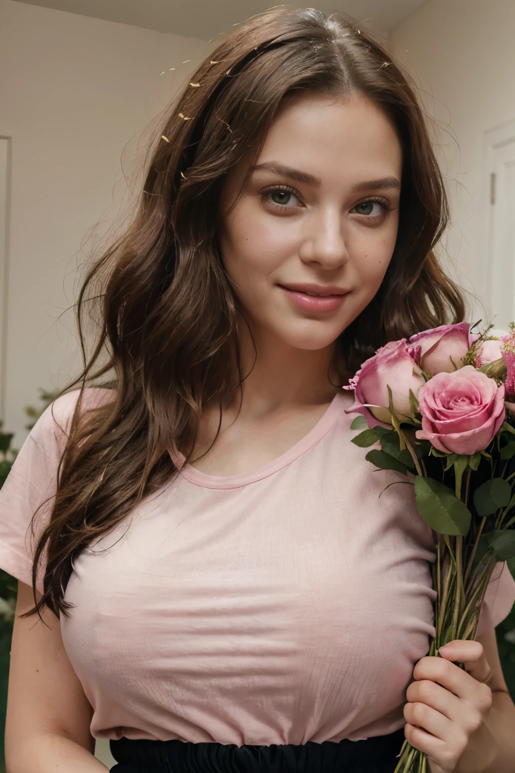 (photo-realistic, masterpiece, best quality:1.2), one, 1 girl, closed mouth, green eyes, big lips, neutral face, happy, smiling, brunette, black hair, long curly hear, wearing pink t-shirt and shorts, wearing sleep mask on the head, holding bouquet of pink roses6 new from aside