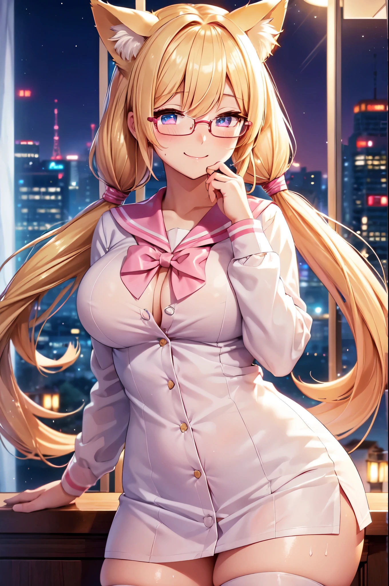 (High quality, High resolution, Fine details), Hotel at night, long twintail, cat ears, Glasses, Pink Sailor school uniform, solo, curvy women, blond hair, sparkling eyes, (Detailed eyes:1.2), smile, blush, Sweat, Oily skin, shallow depth of field