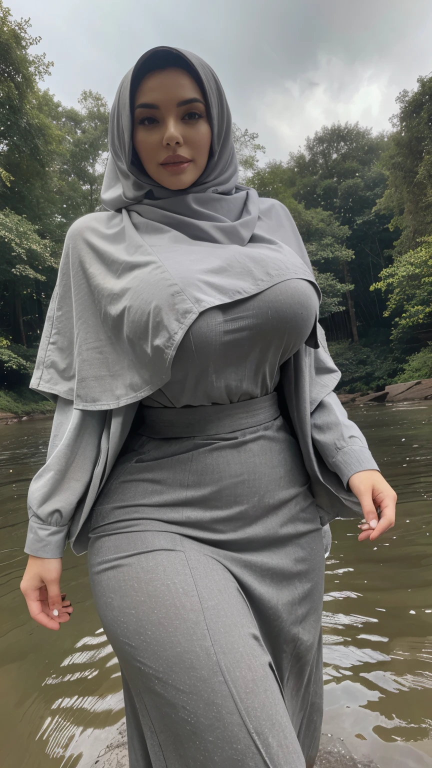 ((Best quality, 8k, Masterpiece :1.3)), hijab, sensual woman, 1girl, huge breasts :1.3, (firm abs, slender figure :1.2), (outdoor, long sleeves shirt, mini skirt :1.1), ultra-detailed face, detailed lips, detailed eyes, double eyelid