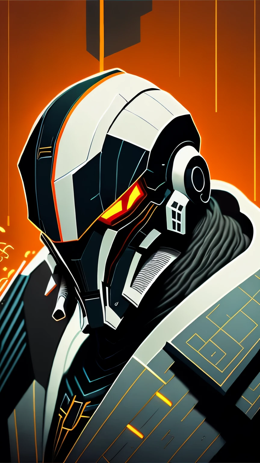 Grim ultra-detailed portrait of General Grievous from Star Wars, extremadamente detallado, paisaje urbano futurista, bright neon lights, fumar, chispas, virutas de metal, escombros voladores, Orange energy effects, volumetric light [Grievous] (((estilo Olly Moss))) estilo cultura pop, perception figure background, minimalista