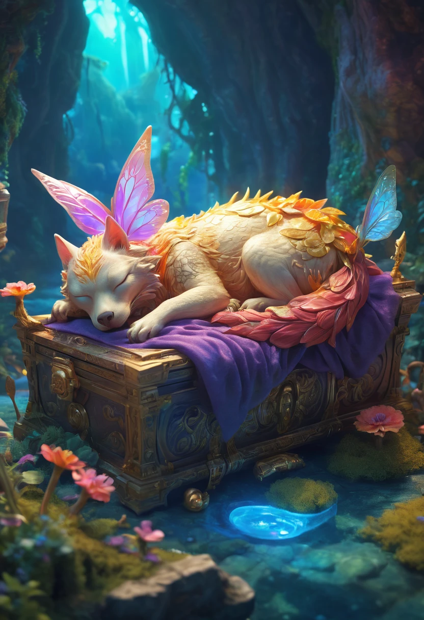 Legendary fantasy Creature, Sleeping on treasure, no_human, epic mythology, Magical Creature, character concept art, fairyland, surreal scene, bright and saturated colors, Ethereal atmosphere, fairy tales, (best quality, masterpiece, Ultra high detail, 8k)