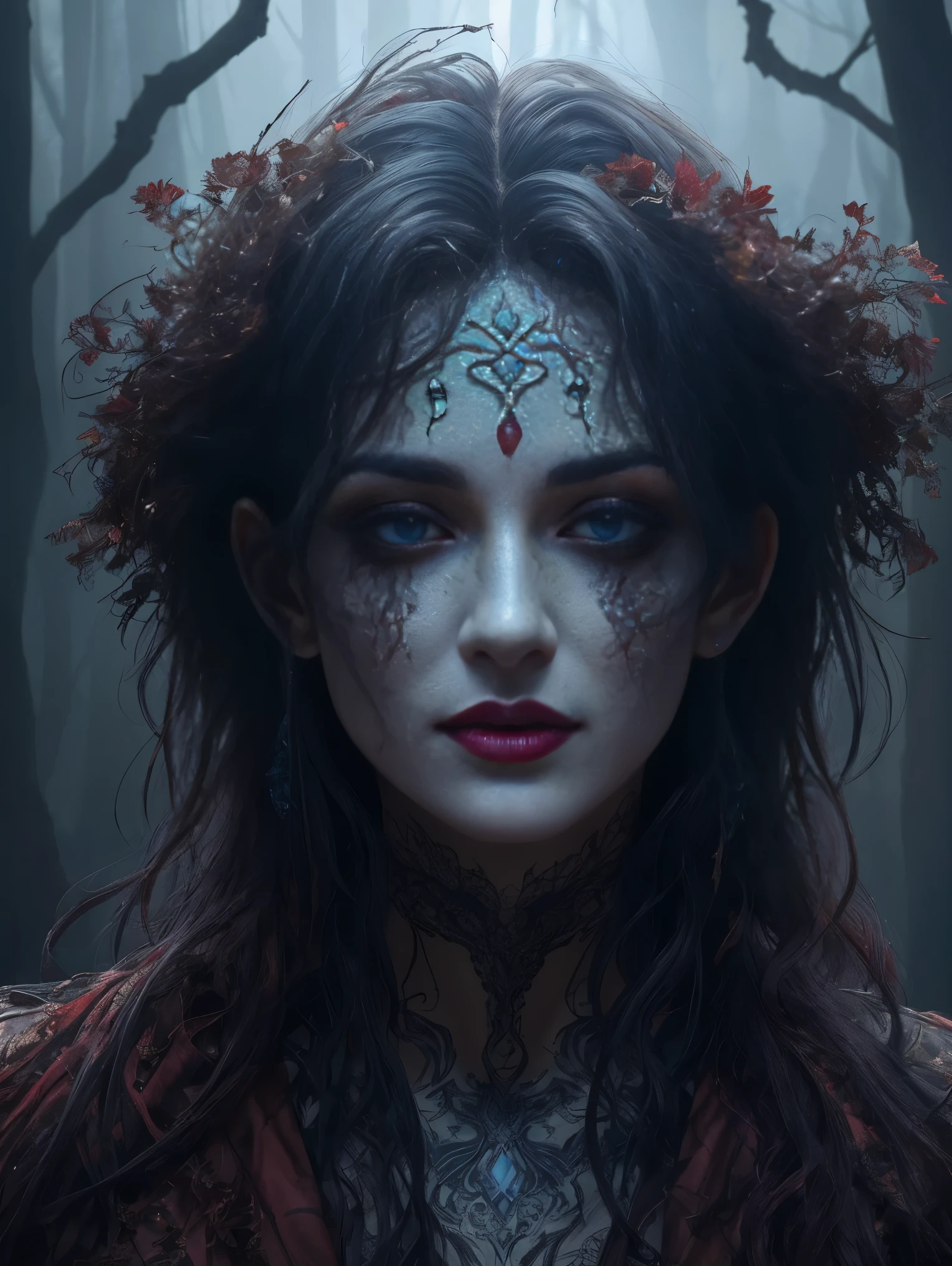 There is a skull face on the head，Araved woman with a crown on her head, she is dressed in shaman clothes, cinematic goddess close shot, Beautiful young female shaman, gothic maiden shaman, portrait of a sorceress, cinematic goddess shot, portrait of very beautiful elf, portrait of a dark fantasy nymph, beautiful female sorceress, karol bak uhd