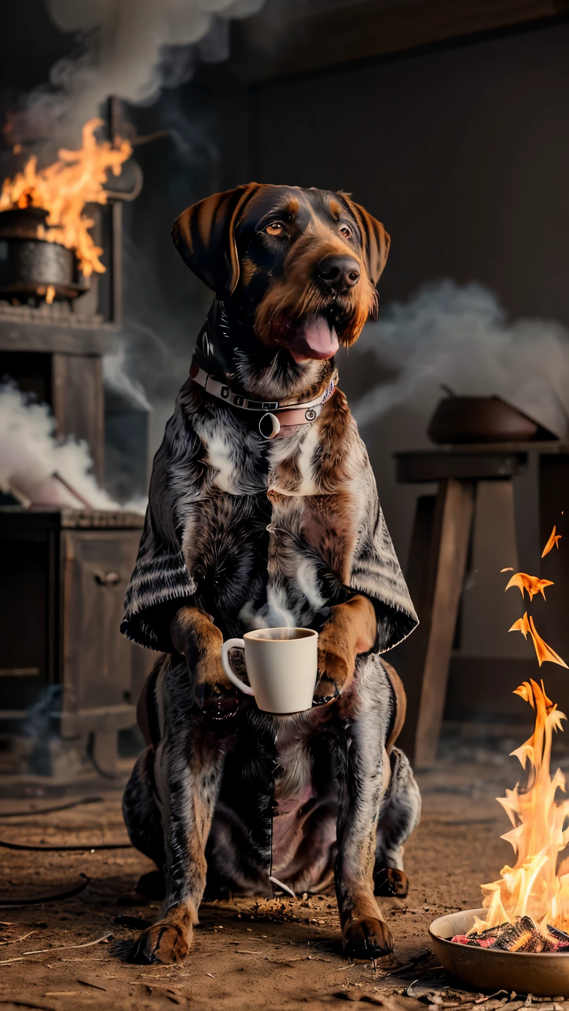 (best quality:1.23), (masterpiece:1.12), (realistic:1.24), (anthropomorphic  dog:1.5) holding a coffee cup, drahthaar sitting, in a robe, eating breakfast and holding a coffee cup, hat, particles, volumetric lighting, room burn down, ground and chair on fire, lots of gadgets and equipment on fire, smoke, (flames all around:1.2), 