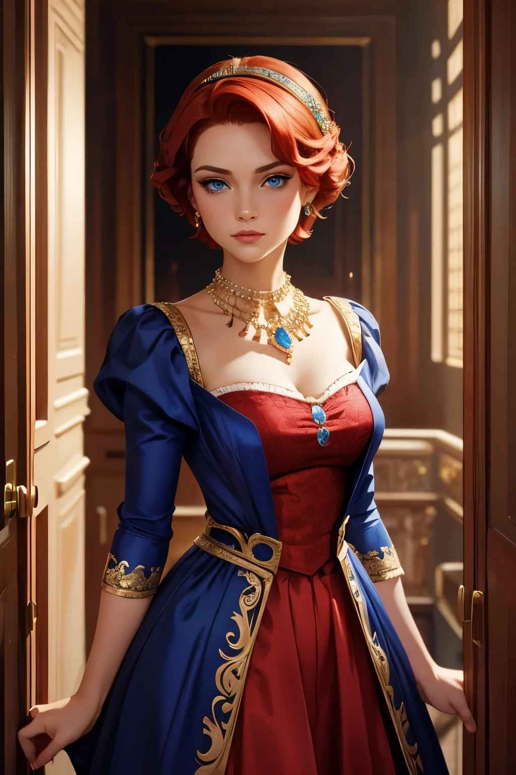 beautiful aristocrat girl with short red hair and blue eyes in fine clothes and jewels