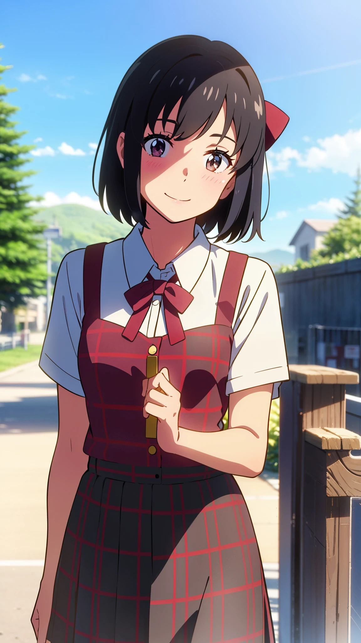 shinkai makoto, kimi no na wa., 1girl, bangs, black hair, blush, brown eyes, red headband, red bow, red ribbon, Everyday clothes, Fashionable clothes, black plaid skirt, short sleeves, short hair, smile, cute, solo, looking at viewer, Holiday Afternoon, enjoying shopping, beautiful sky