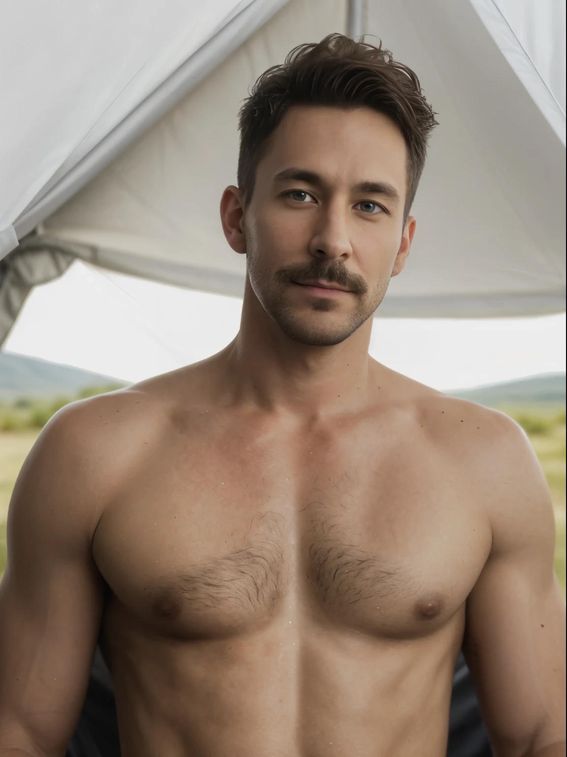 masterpiece, best quality, high resolution, closeup portrait, male focus, solo focus, a man, hiker, 35 years old, bare chest, dimples, pretty face, attractive, cute smirk, short trimmed mustache and goatee, hairy legs, in a tent, in the background a tent, amazing composition, front view, HDR, volumetric lighting, ultra quality, elegant, highly detailed