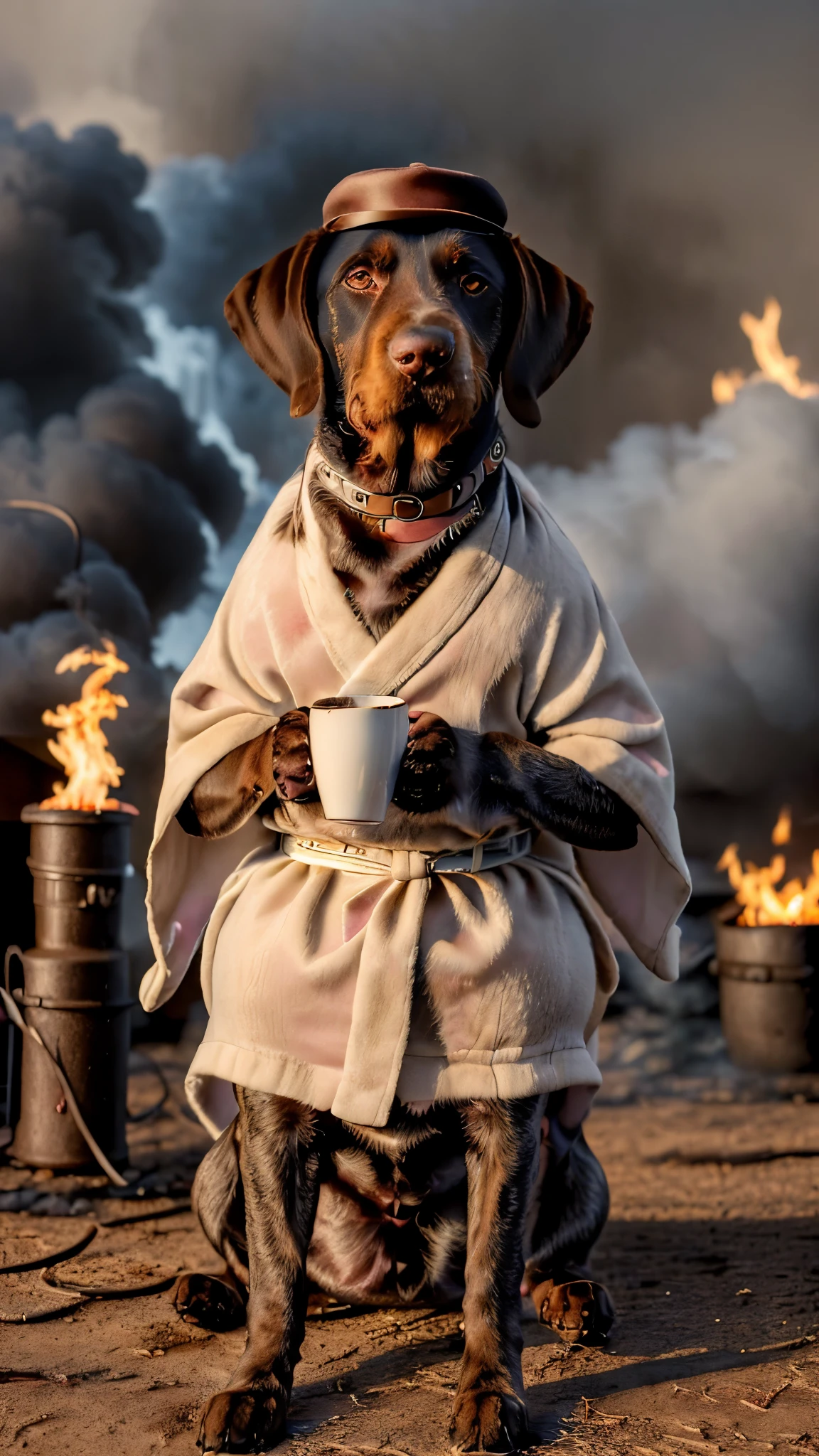 (best quality:1.23), (masterpiece:1.12), (realistic:1.24), (anthropomorphic  dog:1.5) holding a coffee cup, drahthaar sitting, in a robe, eating breakfast and holding a coffee cup, hat, particles, volumetric lighting, room burn down, ground and chair on fire, lots of gadgets and equipment on fire, smoke, (flames all around:1.2), 