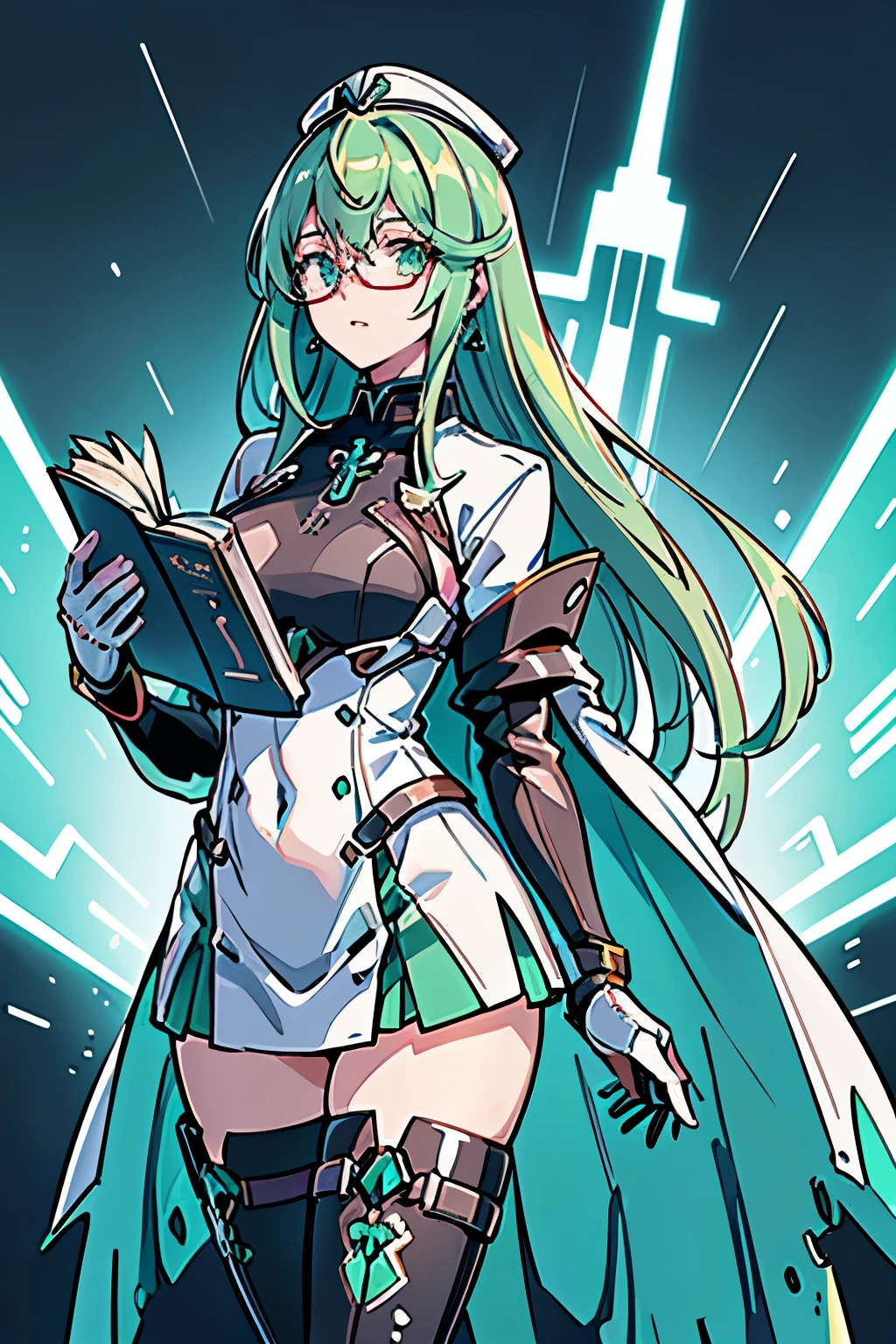 Anime, Girl, (((1girl))), (((Waifu, Xenoblade Chronicles 2, Pneuma Waifu))), (((Seafoam Green Hair, Long Hair))), ((Seafoam Green Eyes eyes:1.3, Upturned Eyes: 1, Perfect Eyes, Beautiful Detailed Eyes, Gradient eyes: 1, Finely Detailed Beautiful Eyes: 1, Symmetrical Eyes: 1, Big Highlight On Eyes: 1.2)), (((Lustrous Skin: 1.5, Bright Skin: 1.5, Skin Fair, Shiny Skin, Very Shiny Skin, Shiny Body, Plastic Glitter Skin, Exaggerated Shiny Skin, Illuminated Skin))), (Detailed Body, (Detailed Face)), Young, Idol Pose, (Best Quality), ((((Techwear))), (((Military Uniform))), (((Military Cap))), (((Military Coat))), (((Thigh-high Heeled Boots))), (((Reading Glasses))), (((Earrings)))) High Resolution, Sharp Focus, Ultra Detailed, Extremely Detailed, Extremely High Quality Artwork, (Realistic, Photorealistic: 1.37), 8k_Wallpaper, (Extremely Detailed CG 8k), (Very Fine 8K CG), ((Hyper Super Ultra Detailed Perfect Piece)), (((Flawlessmasterpiece))), Illustration, Vibrant Colors, (Intricate), High Contrast, Selective Lighting, Double Exposure, HDR (High Dynamic Range), Post-processing, Background Blur