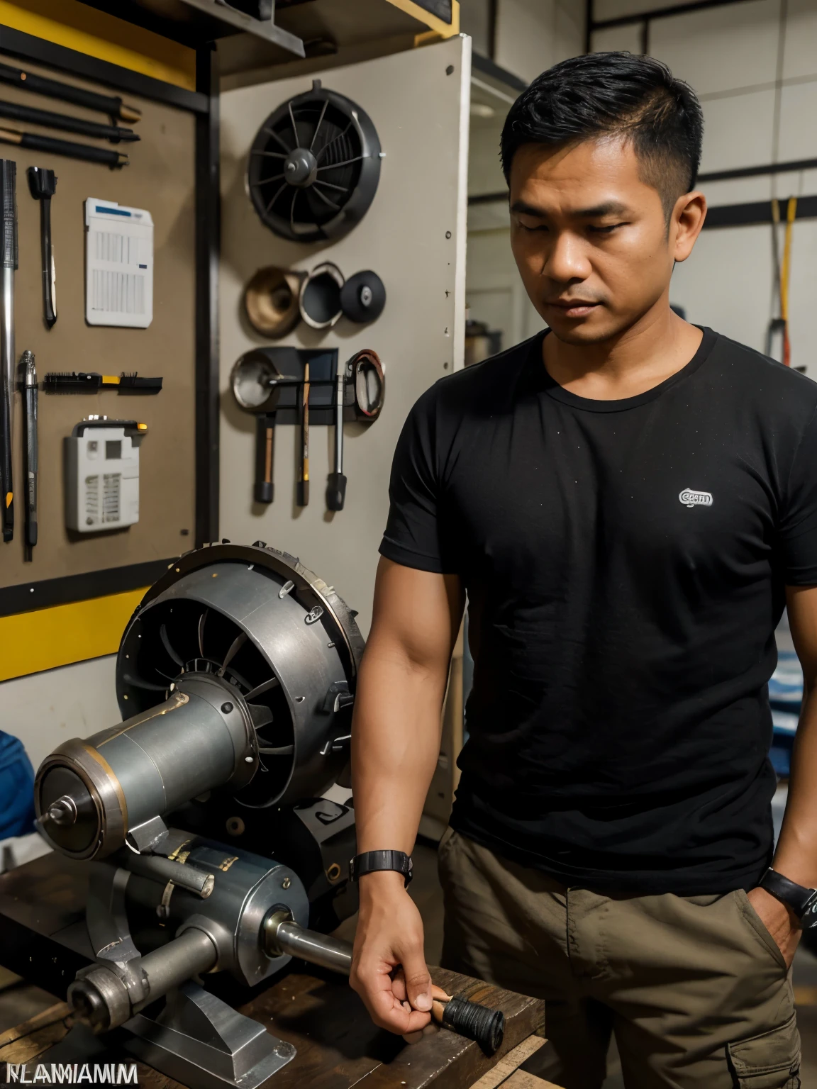 a 35 year old Indonesian man, short and neat hair, wearing a black t-shirt and cargo shorts, wearing sandals, wearing a Garmin watch, is seriously repairing a jet airplane turbo fan engine, simple workshop location, there are workshop tools hanging on the wall , the workshop floor has oil spots, bright atmosphere, realistic photos, detailed photos