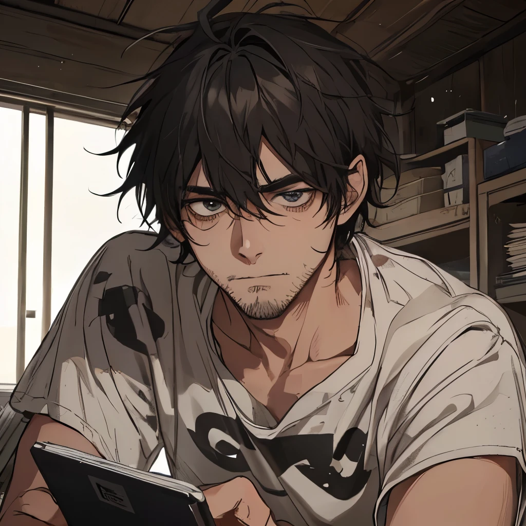 A man, unkempt, tired and haggard, stubble,bags under the eyes, untidy, disheveled
