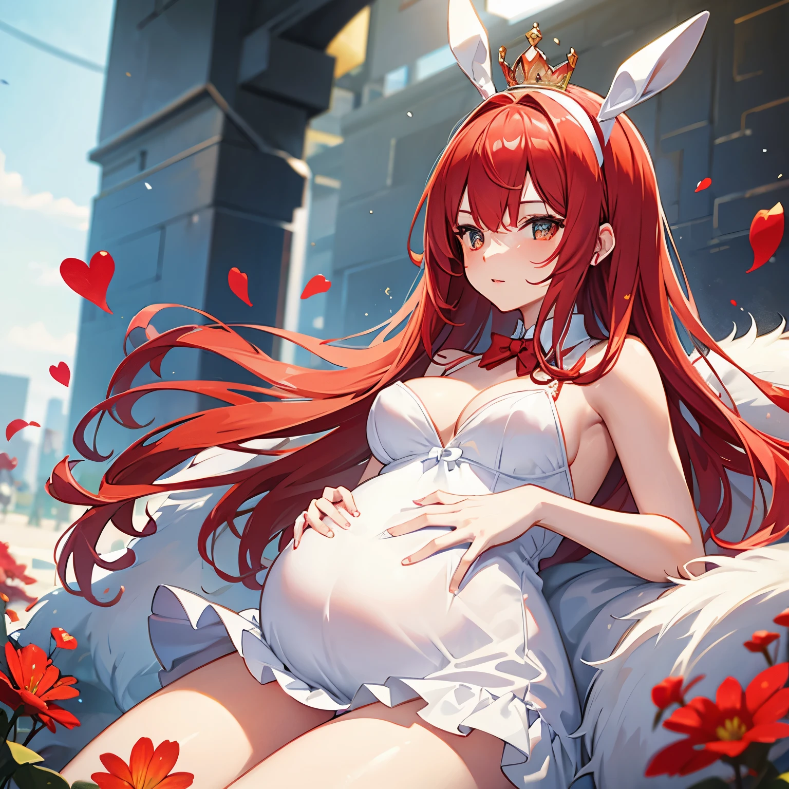 Pregnant bunny queen, red hair, white gold dress