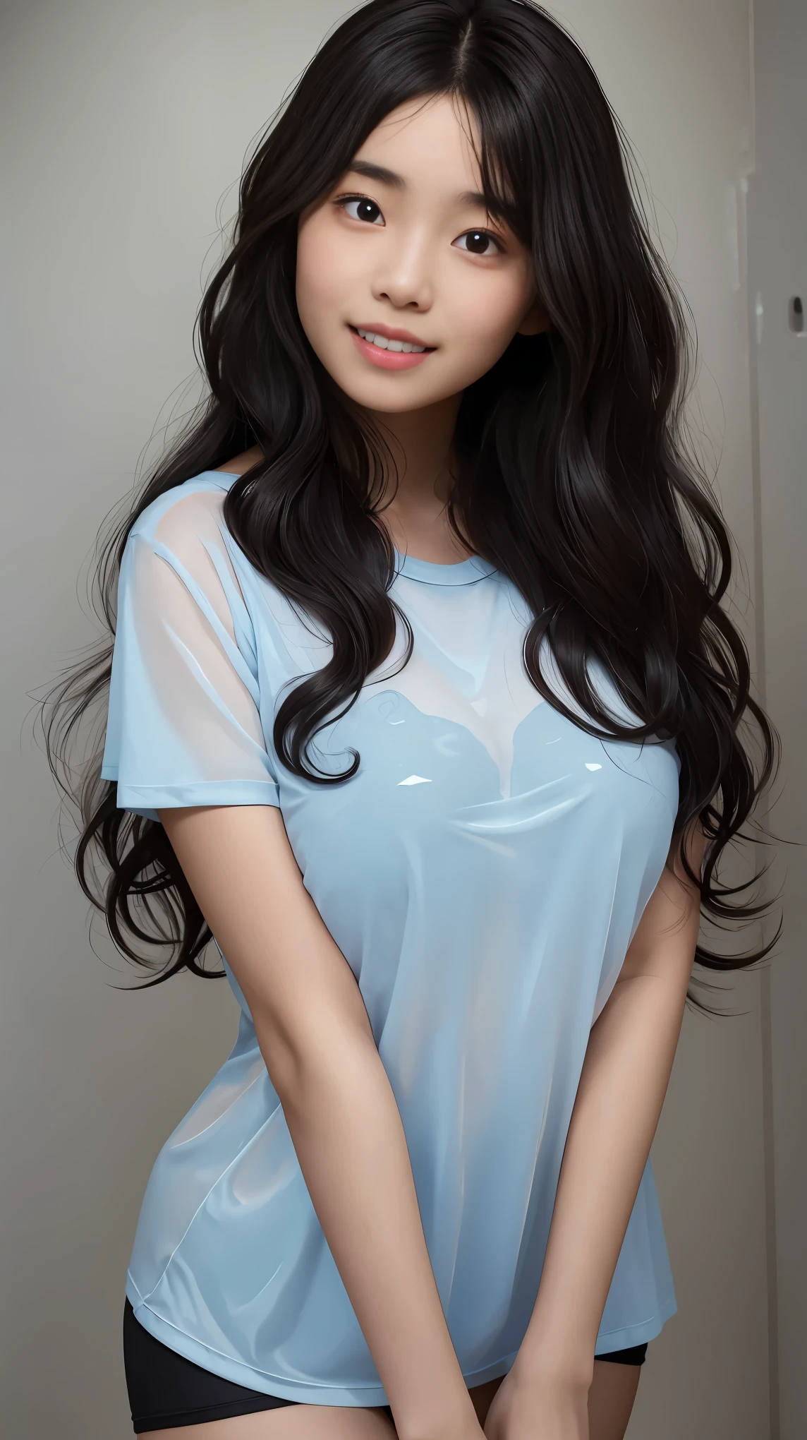 American girl of 18, video gamer, wearing translucent short T-shirt, black hair, ((blush: 0.8)), natural skin texture, 4K textures, highly detailed, insane details, faint colors , ((long wavy hair)), ((smile on face: 0.4)), (no panties: 0.2), ((looking directly at the camera)), ((tilted head: 0.8 )), ((big breasts:1)).  