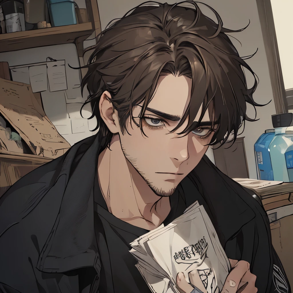 A man, unkempt, tired and haggard, stubble,bags under the eyes, untidy, disheveled