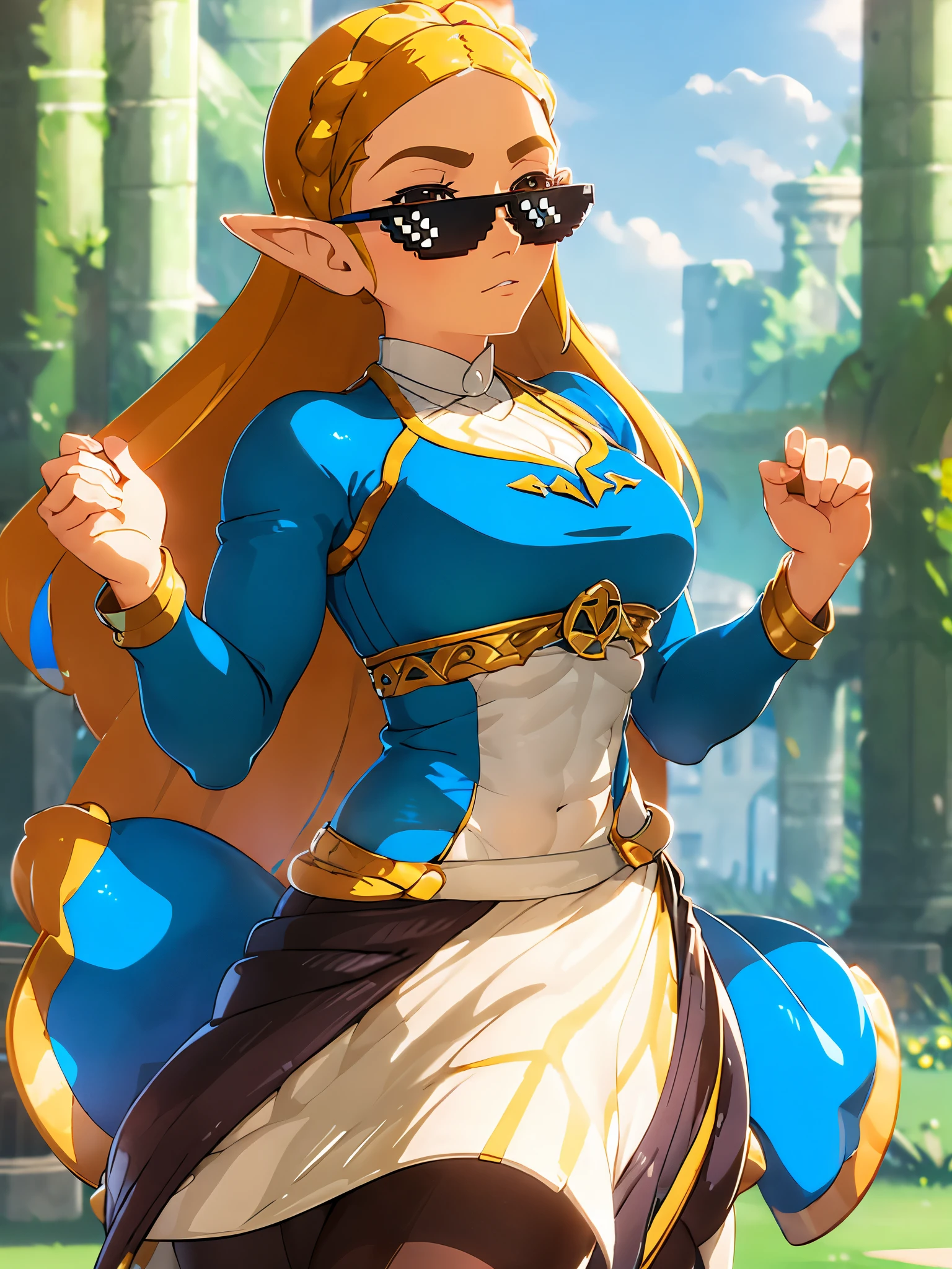 a action shot of a hype rap music video of a rapper zelda\(princess\), 1girl, solo, large breasts, cleavage, seductive smile, pose, prom dress, bare arms, skinny, , 15 year ollwithit
sunglasses