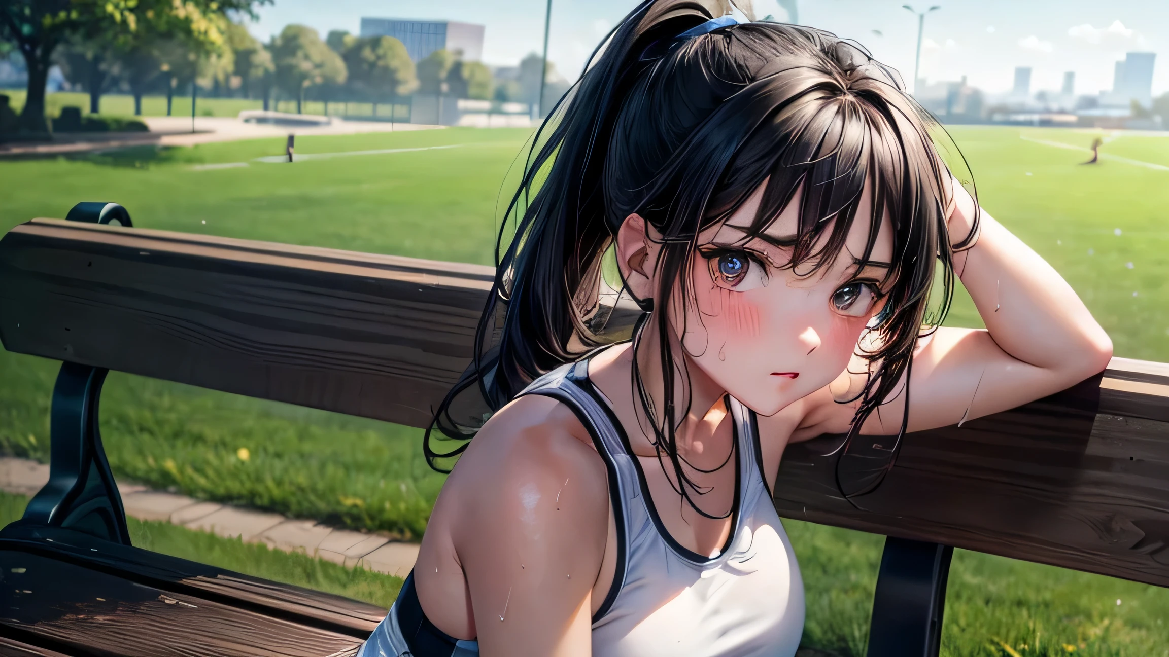 NSFW,Dynamic composition,dutch angle,full body,Focus on legs,{{masterpiece}}, {{{Highest quality}}},{{Very detailed}},1girl,30years old,{Mature Woman}},Female soccer players, {{open the legs:1.6}},{{Sitting on a bench}},{{raise one leg}},{{Loose-fitting shorts:1.6}},shoes,,clavicle,,{{v-shaped eyebrows}},Bad mood,blush,Sweat,raise one's eyebrows　,{{View your viewers}}gray long hair,Blunt bangs, {{open the legs:1.6}},S,knee sock,soccer fields in the countryside