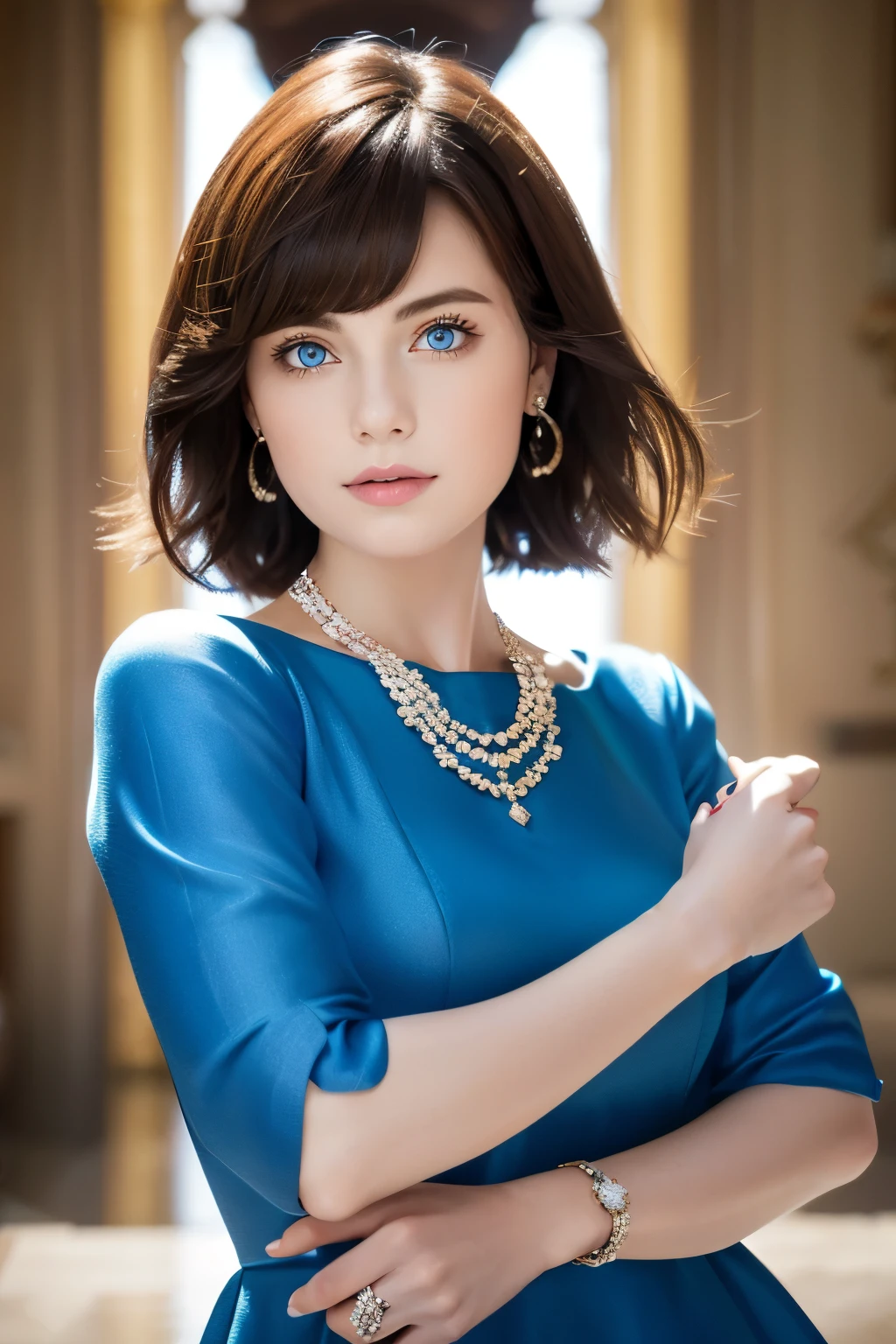 beautiful aristocrat girl with short red hair and blue eyes in fine clothes and jewels