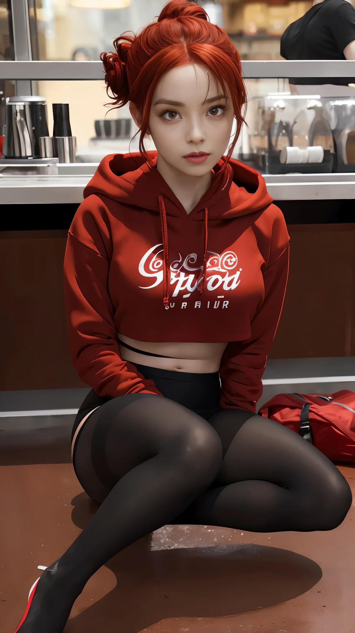 1 girl, Red hair, updo hairstyle, streaks of hair in face, red eyes, mascara, oversized hoodie, midriff, hot pants, tights, laced tights, bags under eyes, sitting, coffee shop, ground angle shot, viewer looking up, feet in tights,  saggy tits, chocker, raw photography, 8k, masterwork,