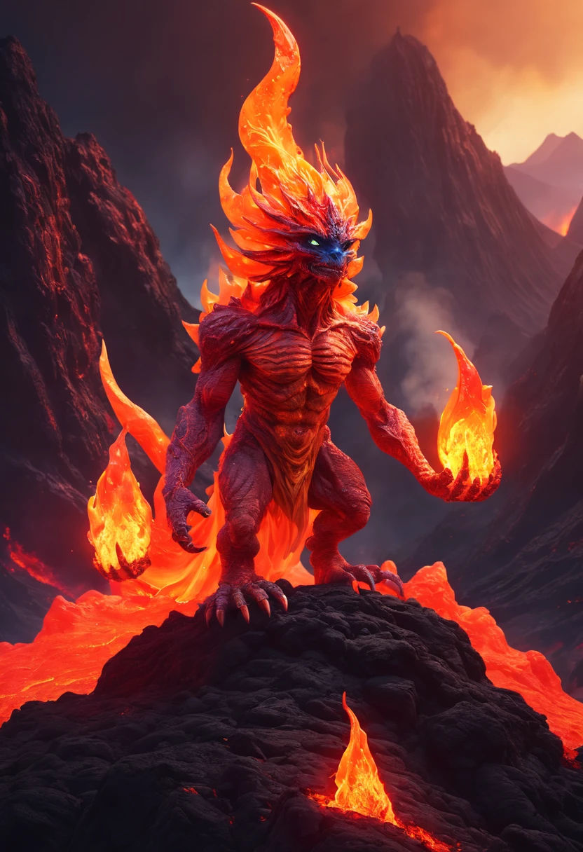 Legendary fantasy Creature, Creature with Flame on Lava Mountain, hot, no_human, epic mythology, Magical Creature, character concept art, fairyland, surreal scene, bright and saturated colors, Ethereal atmosphere, fairy tales, (best quality, masterpiece, Ultra high detail, 8k)
