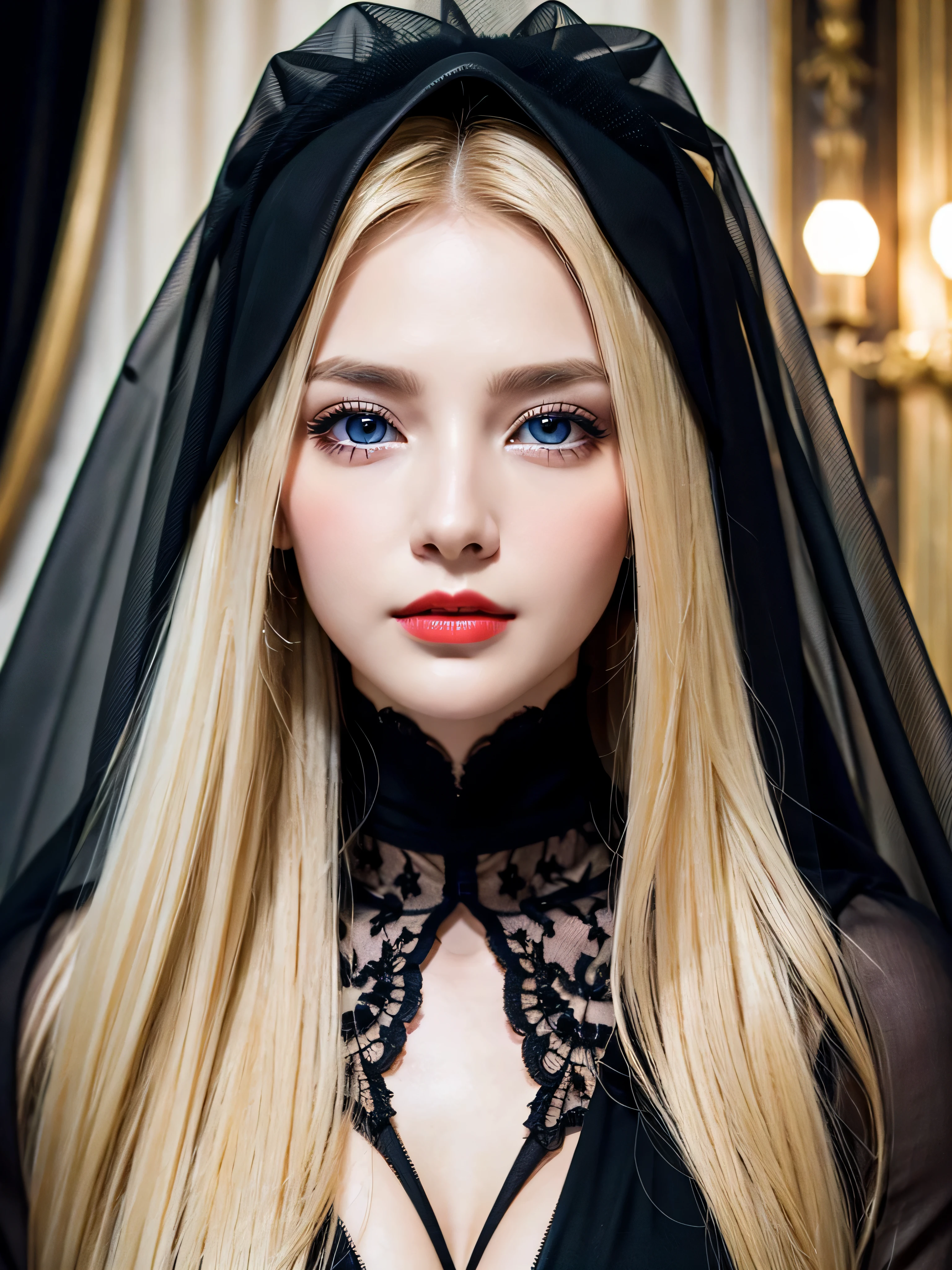 table top, highest quality, Photoreal, Super detailed, finely, High resolution, 8k wallpaper, RAW color photo, Professional, Advanced level of detail, beautiful blonde woman. super long straight silky blonde hair、Hair flowing between the eyes、sharp focus, award winning photos, (Black Wedding Dresses), (Black Wedding Veil)、bride in black、The Devil's Bride、(cleavage), (facing the front), (look at the audience), Small light, low contrast, facial symmetry, written boundary depth, movie background, center image, lights up softly, (fine skin), white skin, big, Beautiful pale blue eyes、terrible face、cheek gloss、red lipstick、realistic skin texture, extreme skin details、Upper body、lower body、small face beauty、round face、the most beautiful girl in the world、black dress、Dark dress、Black Wedding Dresses、Black Wedding Veil、satanism