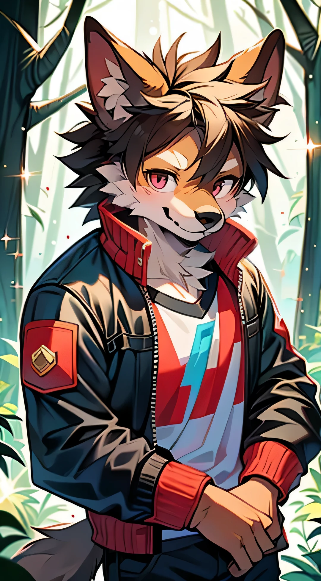 There is a male dog wolf on it, , 18 years old, half dog, Anthropomorphic gangster wolf  ，one person，皮jacket，jacket，   ( Black-red pupils), (Glitter quality, high detail，Background city wallon hair with smile，Two small ears，skin gold coverage，in the woods