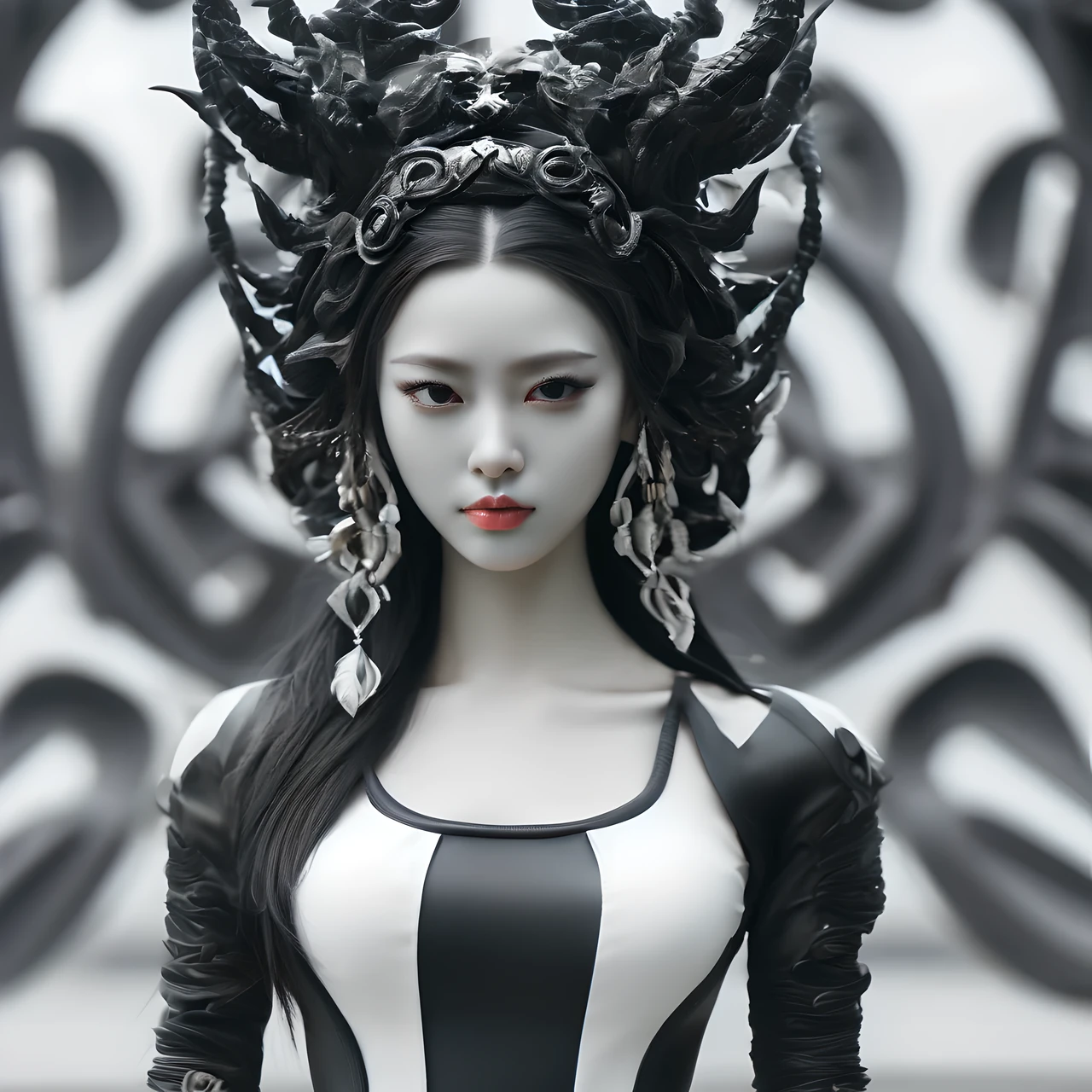 (masterpiece, best quality:1.2), 1 beautiful girl, solo，helllady，chinese girl，((Best quality)), ((Masterpiece)), ((Realistic))，axial symmetry, magnificent bloody hell  background，black/white mixed latex，straddle positiotomically correct，Gorgeous intricate headdress, close up，ultra detail