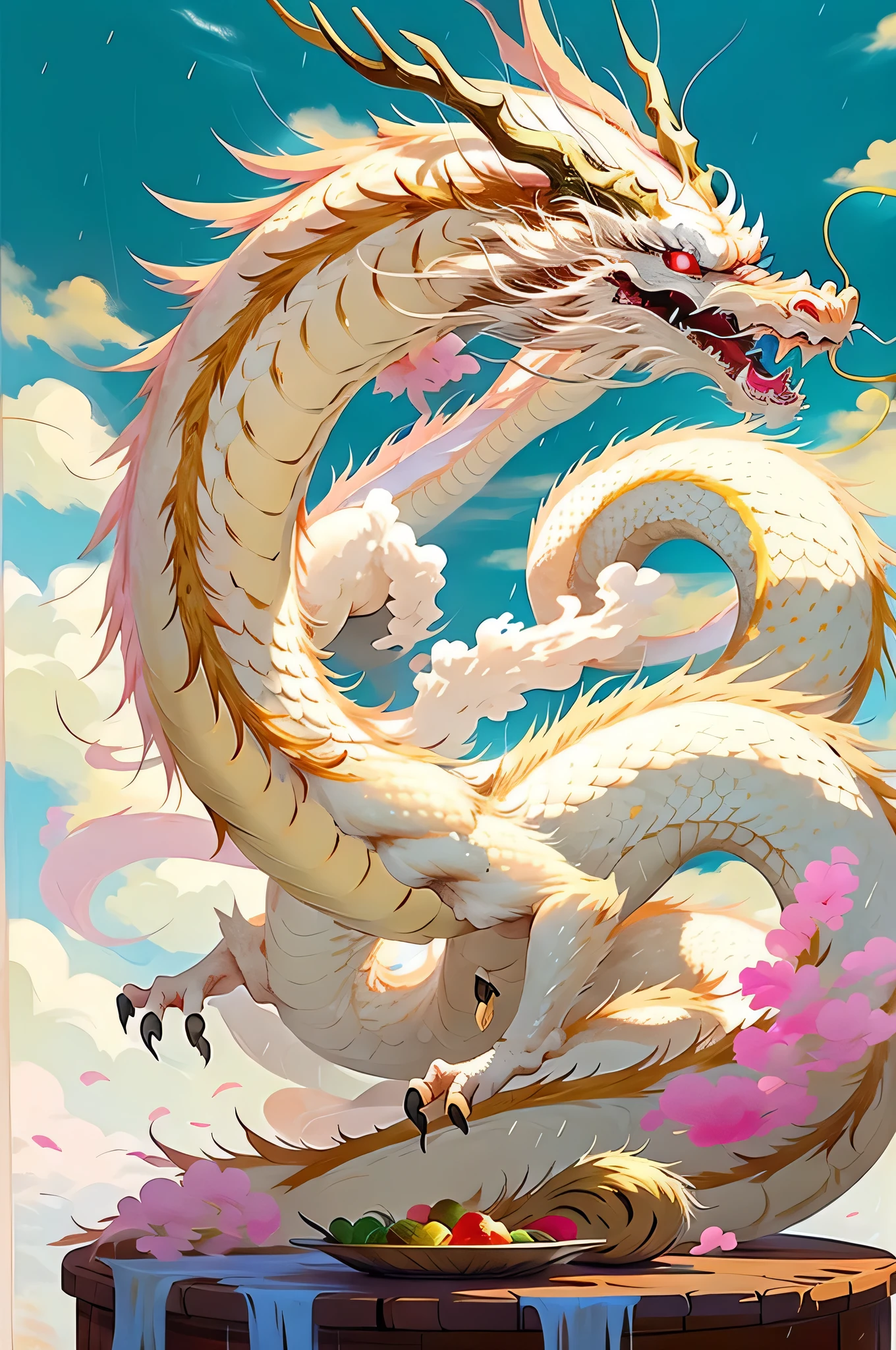 best quality,on the table,ultra high resolution, (long:1.2),no humans, cloud, red eyes, (lighting horn), open mouth, Sky, 獠tooth, Oriental Dragon, 多cloud的Sky, tooth, 在Sky中飞翔, rain,