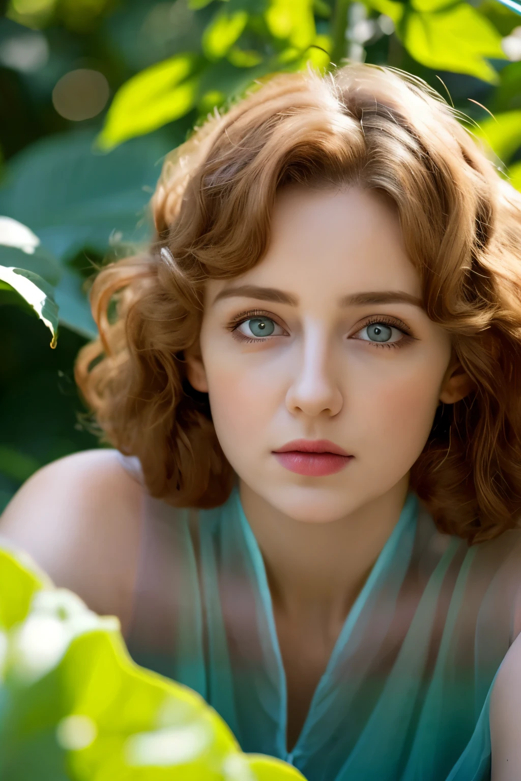 (masterpiece), best quality, expressive eyes, perfect face, A mature Elf lying in the foliage, with big red wavy hair, wearing transparent silk clothes, plump figure, delicate facial features, realistic picture quality, a Nordic woman, approximately 18 years old, surreal