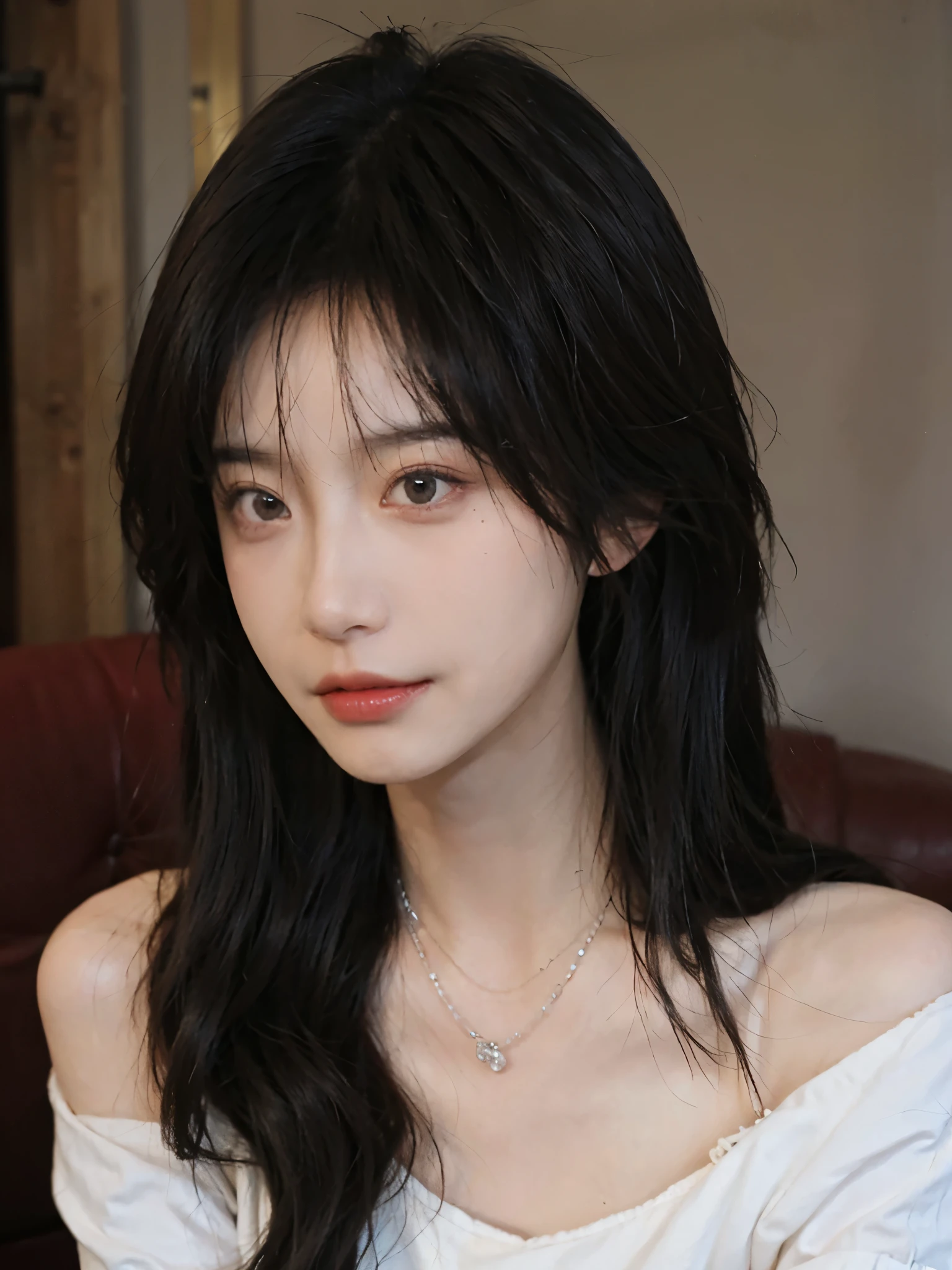 Film portrait photography, 1 girl, bare shoulders,lipstick，（flat chest：1.4）， Shoulder length wavy hair, wear necklace，Gray short sleeves，serene, calm, (Realistic and detailed eyes, natural skin texture, Realistic facial details), Soft dramatic lighting, depth of field, Bokeh, Vibrant details, detailed meticulous, hyper-realistic, 35mm film, hazy, ,