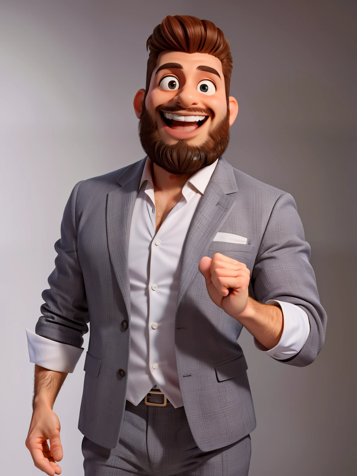 masterpiece, best quality,A man with a beard,with a big smile on its face,Caesar Andrade Faini,clean background,Suit,big eyes,excited expression