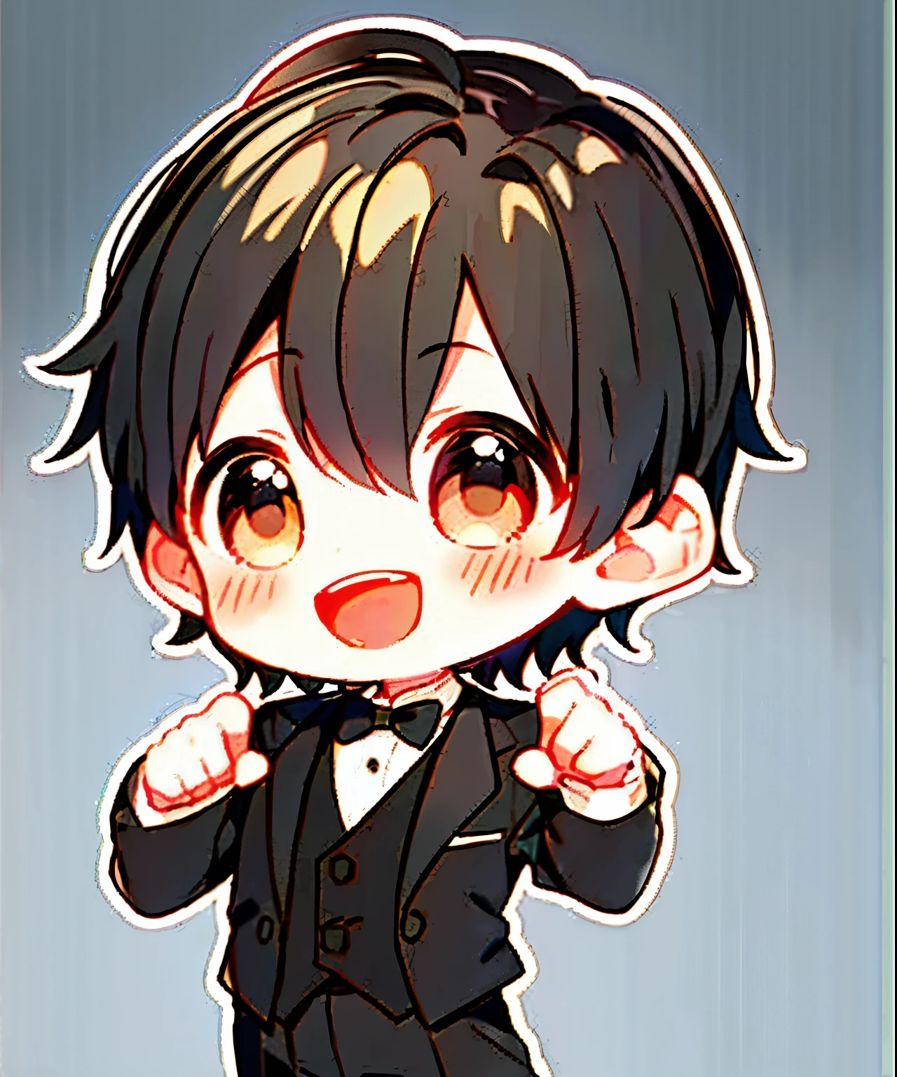 1boy, (:1.3),
full body looking at the viewer, blush, smile, :d, littleancing with open mouth, black hair,brown gradient eyes looking at viewer,tuxedo,background background,high quality,smile,smile,joy,lively