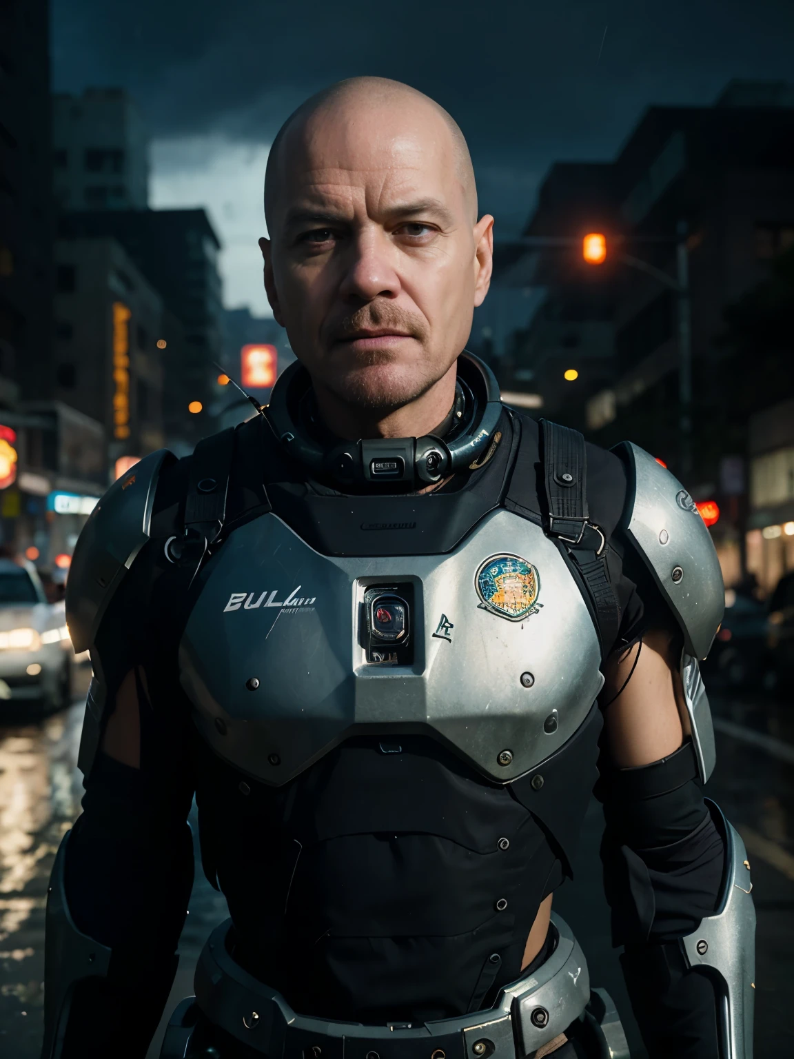 (masterpiece, highest quality, cinematic, HDR, 8k), selfie, fish eye, portrait of man, 60 years old / Walter White / bald, skinhead, action pose, wearing mech suit, bulky, intricate details, facial scars, prosthetics, implants, bionic limb, dynamic lights, neon, rain, cyberpunk background, 