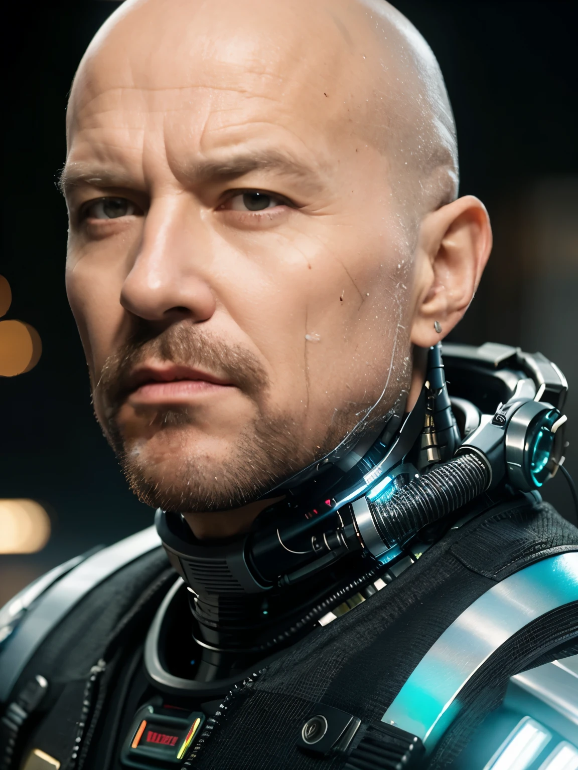 (masterpiece, highest quality, cinematic, HDR, 8k), selfie, fishe eye, extreme closeup of man, 50 years old / Walter White / bald, skinhead, action pose, wearing mech suit, bulky, intricate details, facial scars, prosthetics, implants, bionic limb, dynamic lights, neon, rain, cyberpunk background, 